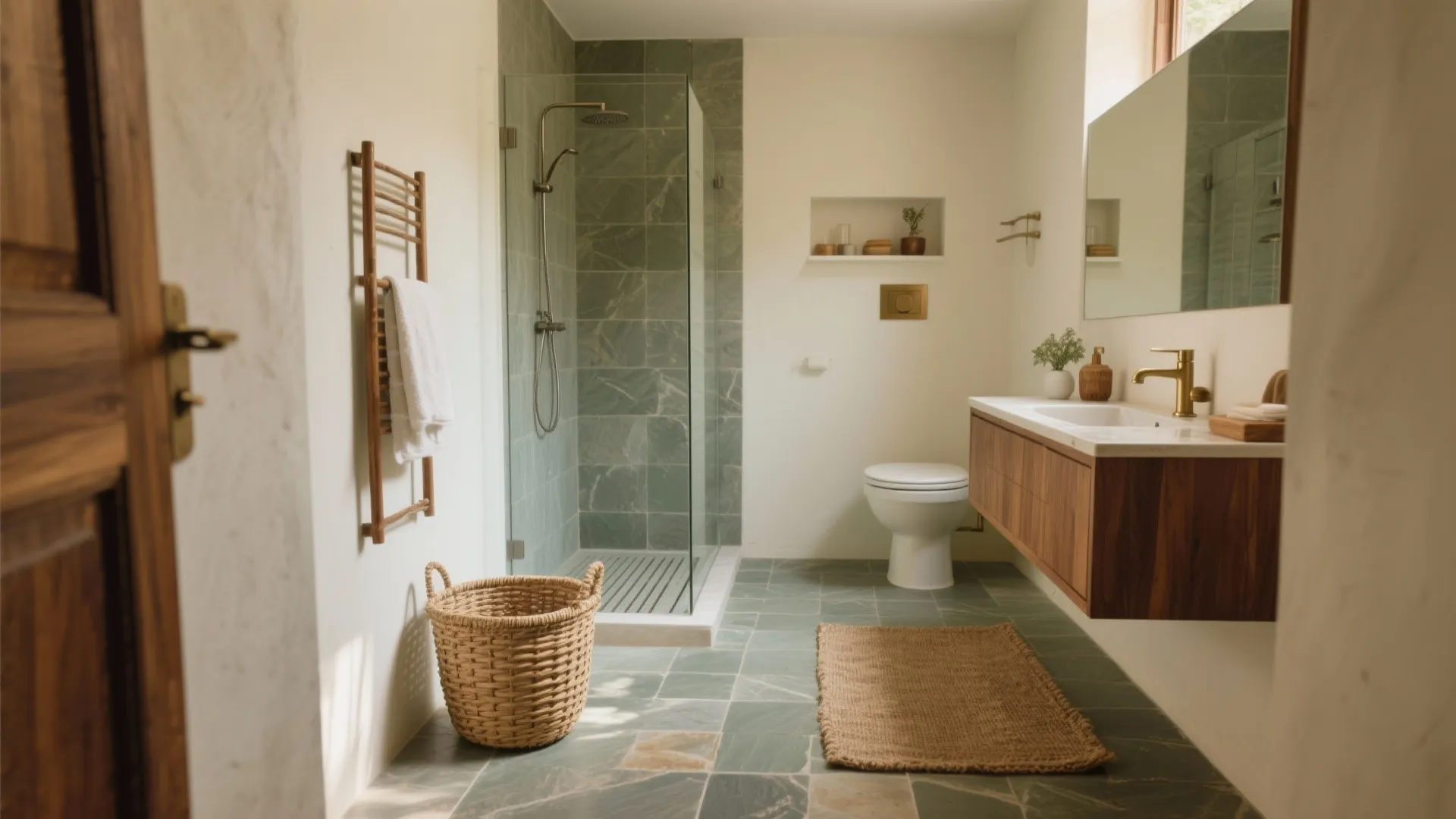 Natural bathroom with green stone tiles glass shower wooden cabinet white toilet and a woven basket