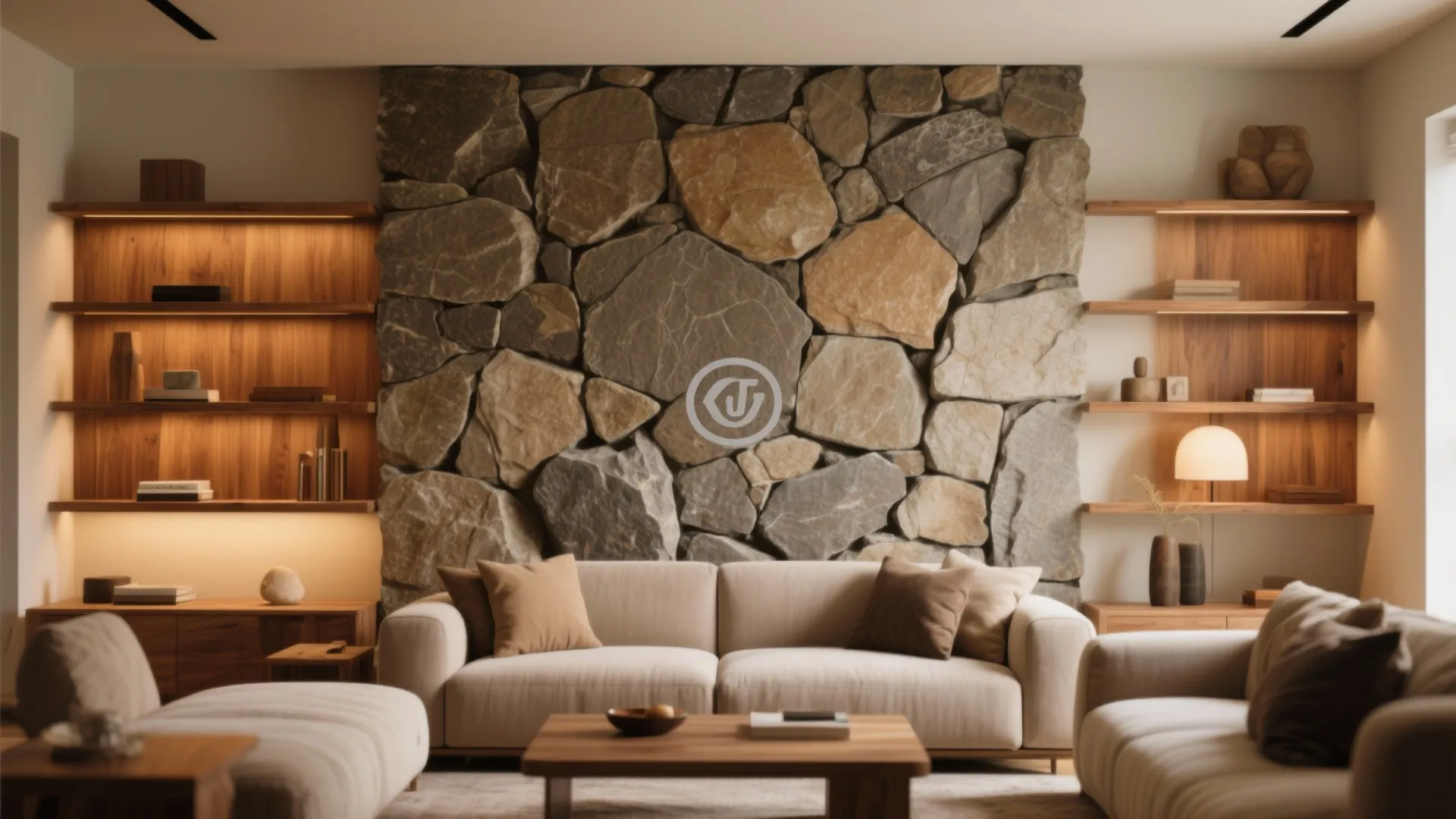 Modern living room with a large stone wall feature beige sofa and built-in wooden shelves