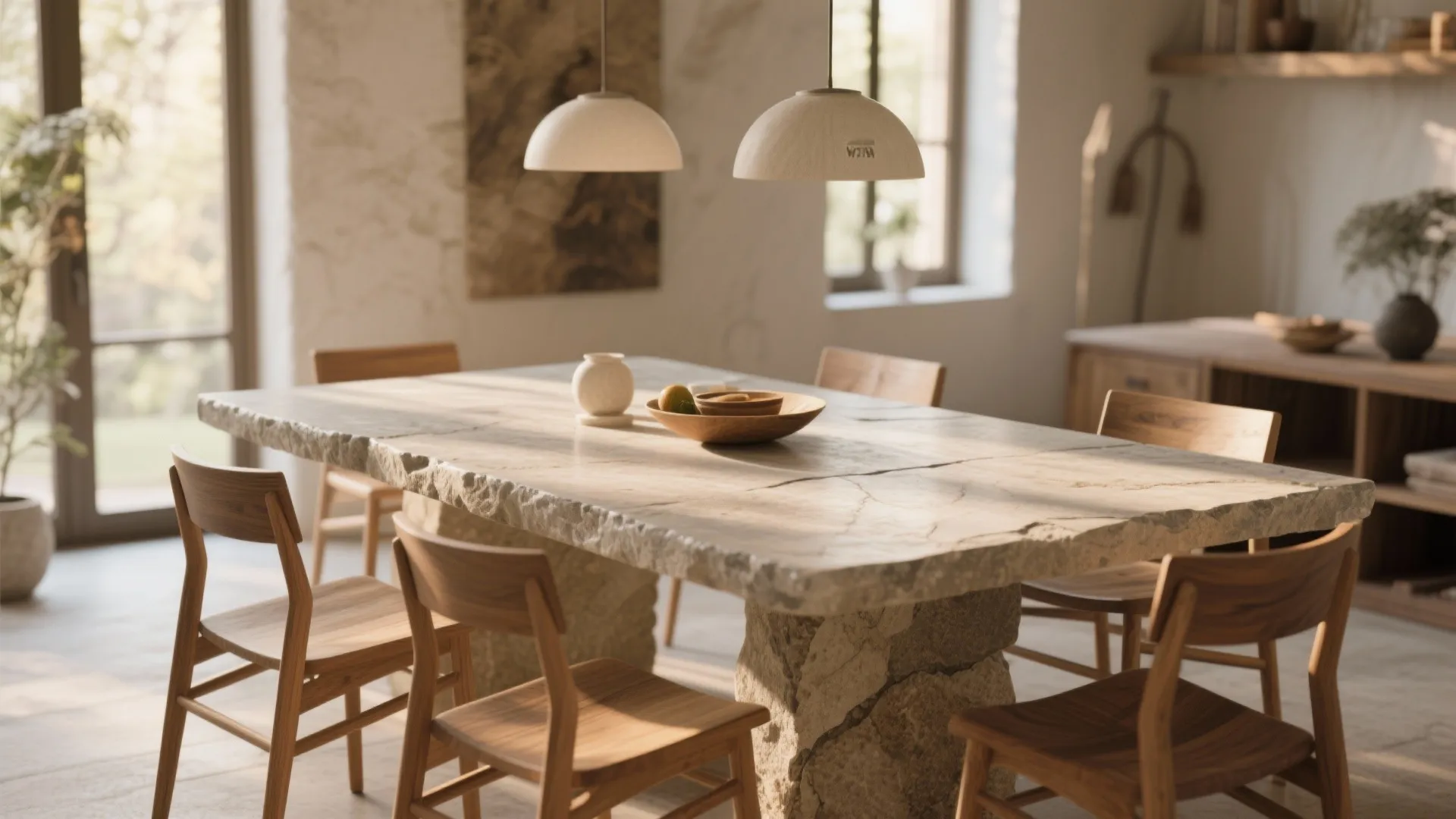 Natural stone dining table with wooden chairs and two white dome ceiling lights in dining