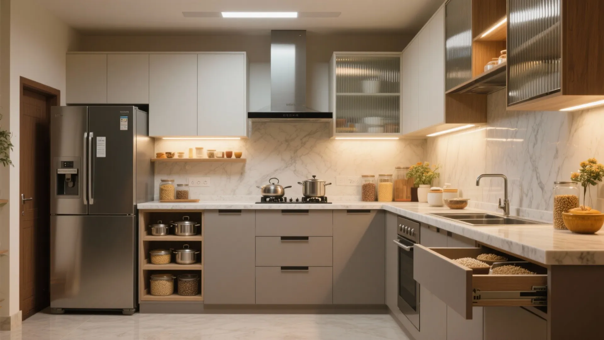 Storage-forward kitchen with compact zones