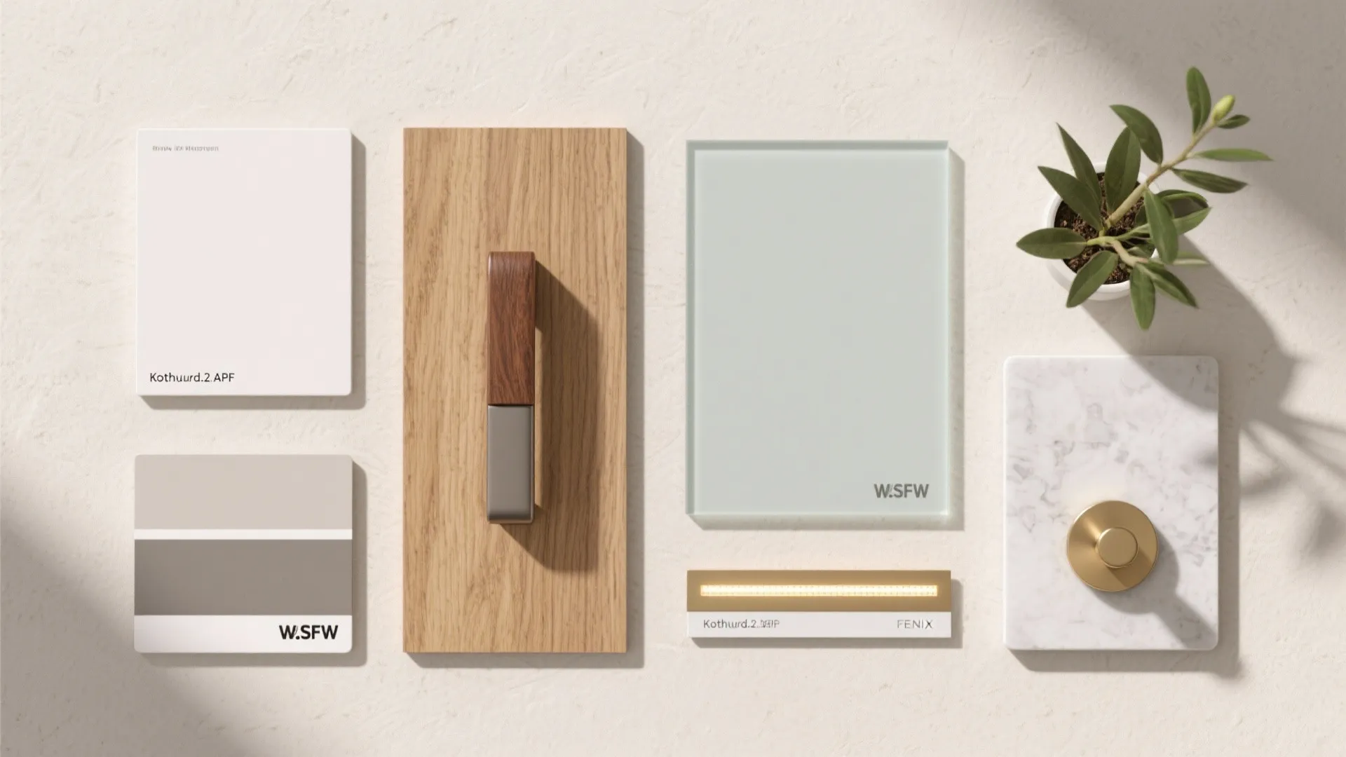 Interior design material flat lay with wood panel, marble tile, glass, metal, and green plant