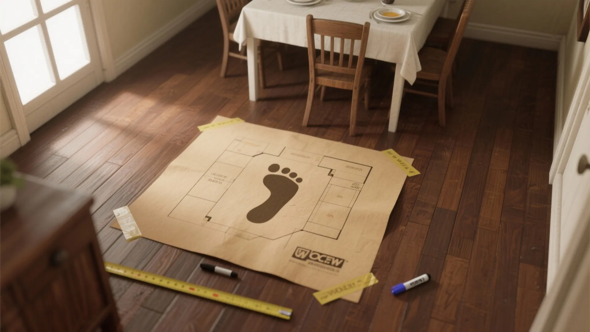 Top-down kraft paper footprint on floor for table mockup with measuring tape