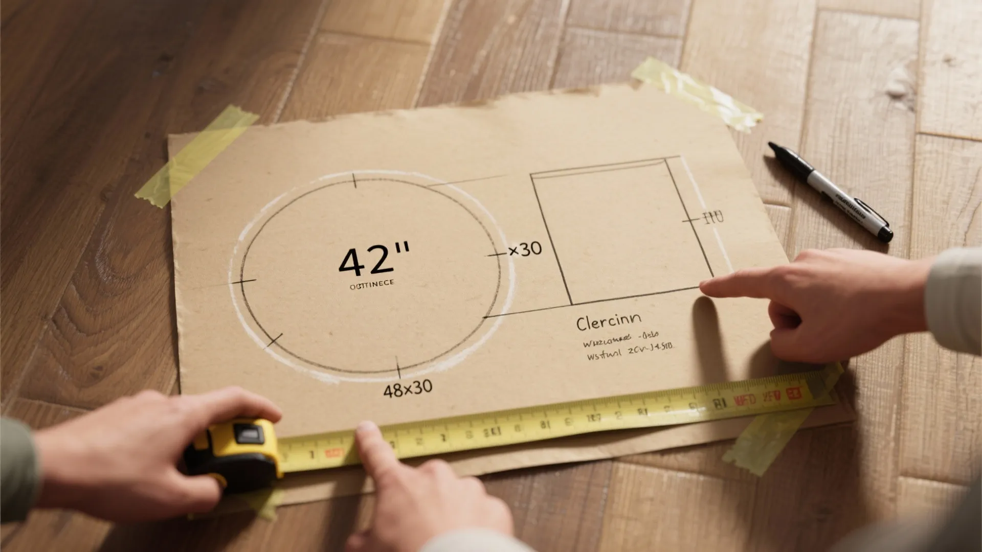 Two people measuring a brown paper room design sketch on a wooden floor with tape