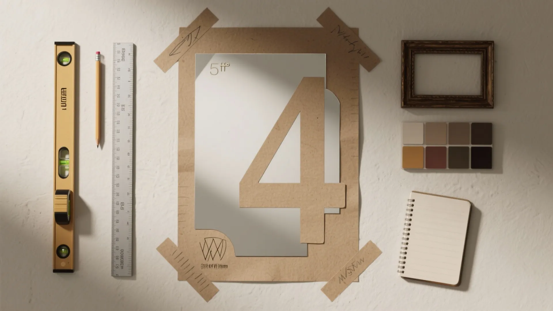 Interior design mood board with kraft paper number four plus level ruler and color palette