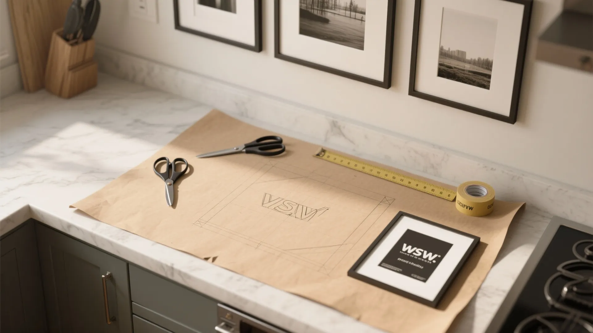 Kraft paper with design drawing on marble kitchen counter with scissors tape and framed picture