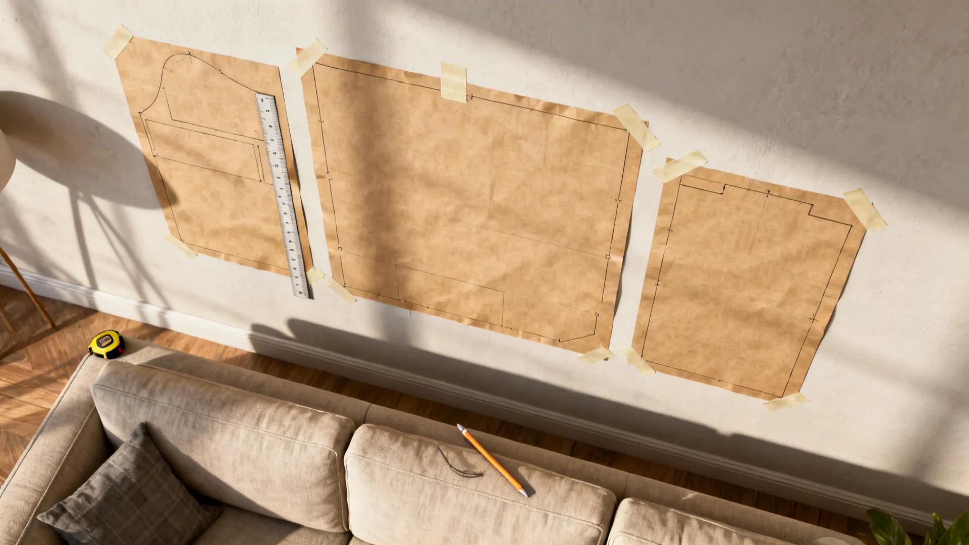 Kraft paper templates taped to a wall above a sofa with measuring tools for previewing artwork scale.