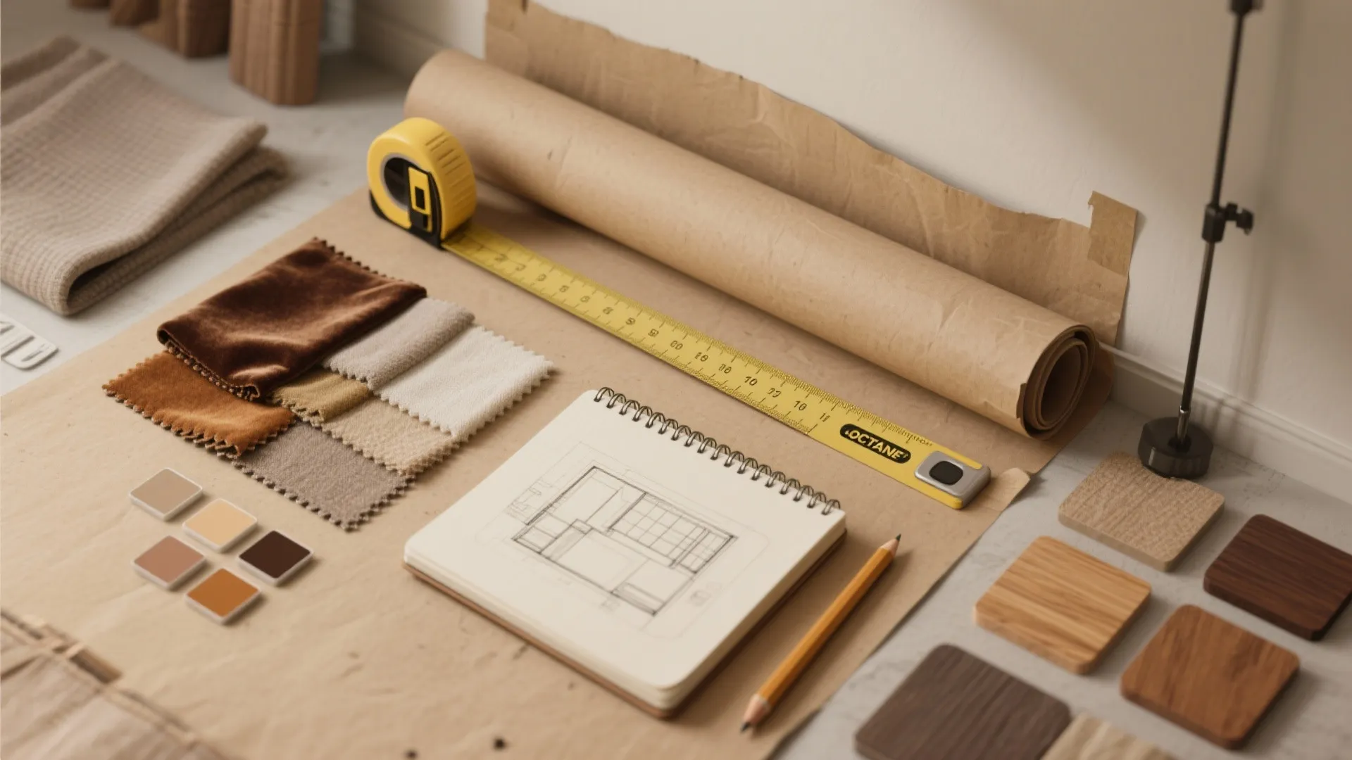 Interior design mood board with brown paper tape measure fabric samples wood swatches and notebook