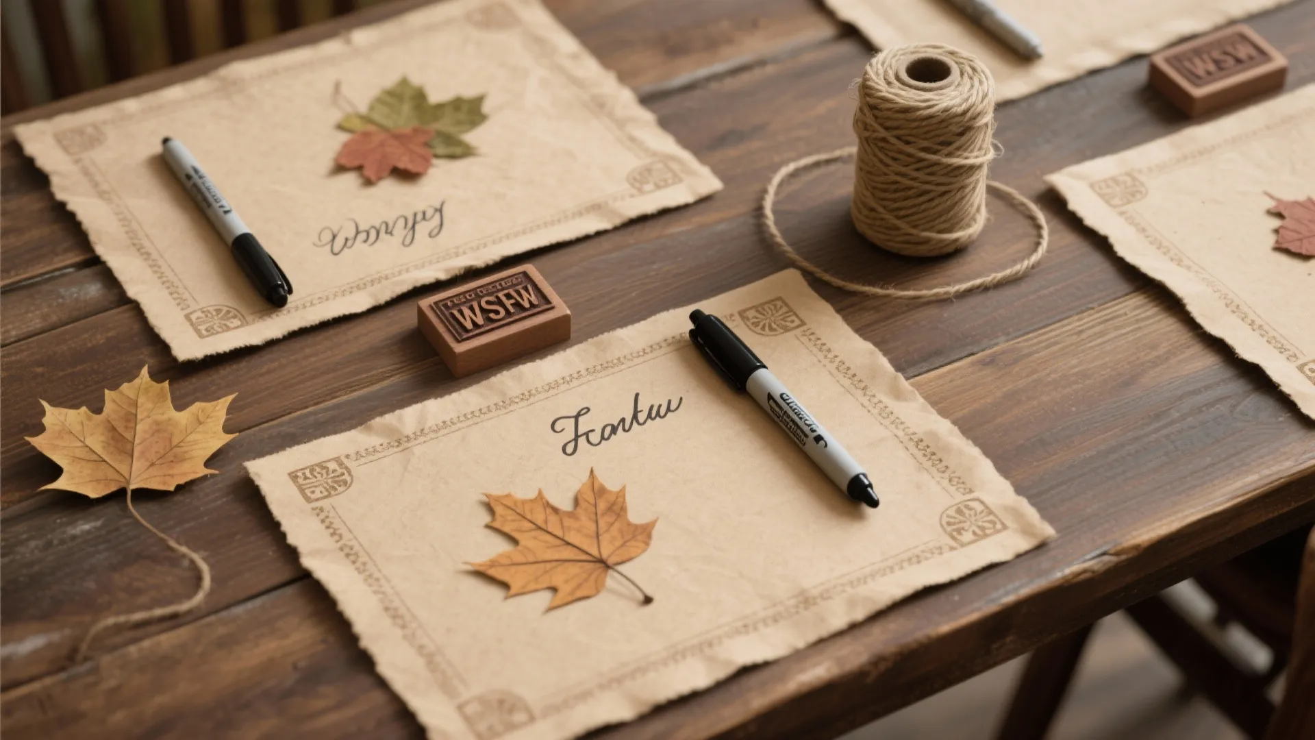 Top-down view of kraft paper placemats with stamped leaves and hand-written name tags on a wooden table.