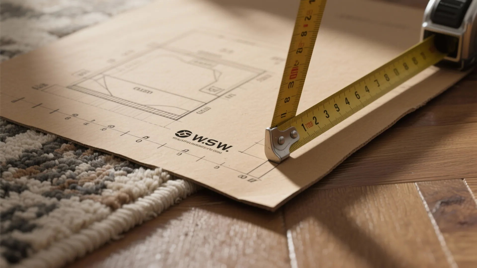 Kraft paper template and measuring tape on floor showing rug layout planning.