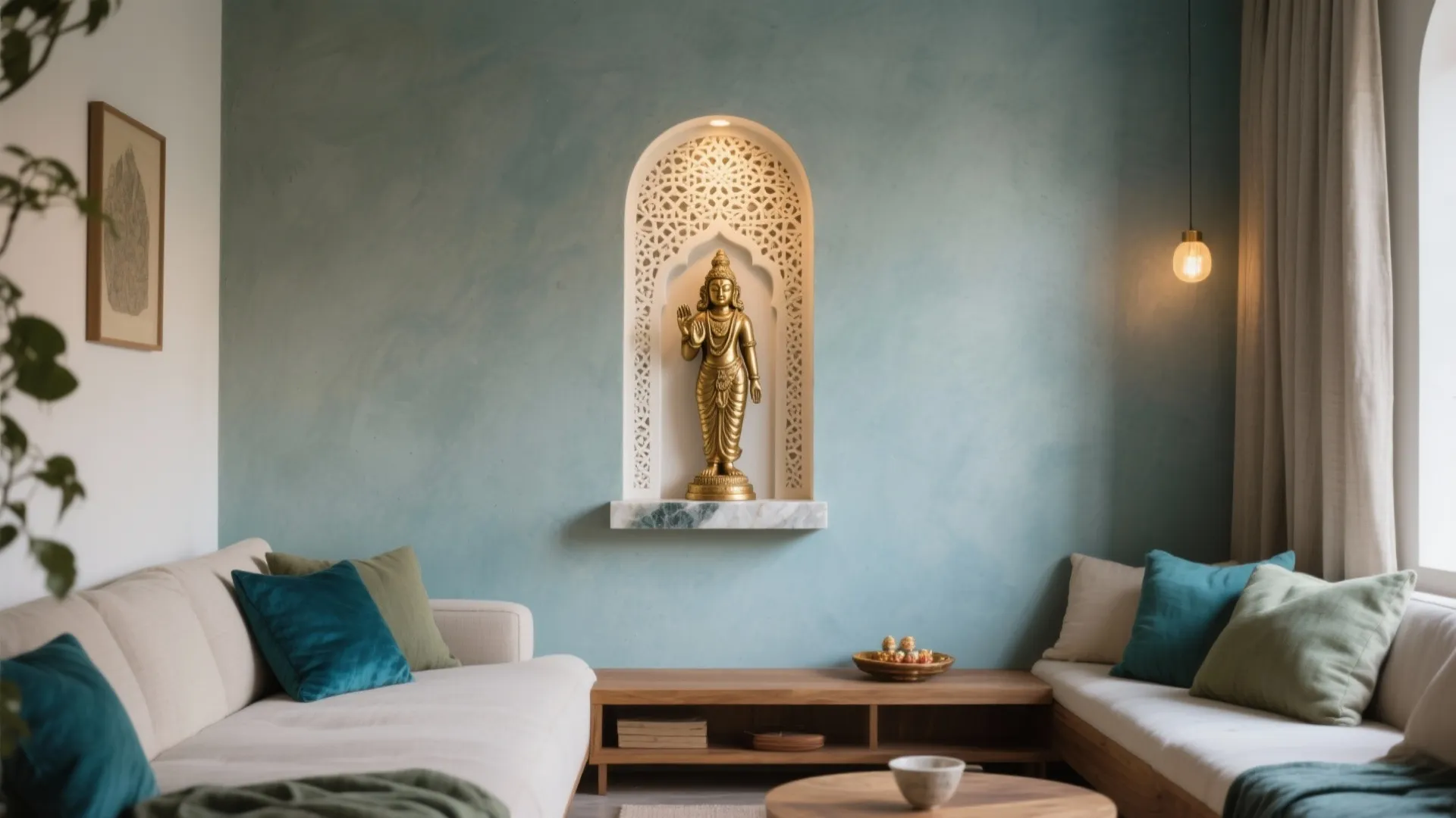Modern living room with blue walls, cream sofa, colorful pillows, wooden furniture, and gold statue