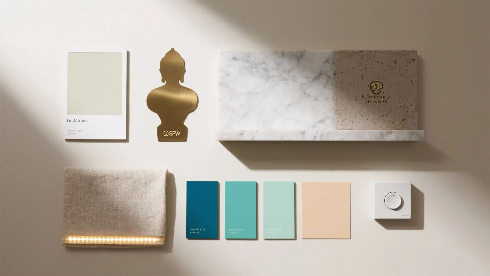 Interior design mood board with color samples, marble tile, fabric, light switch, and gold accent