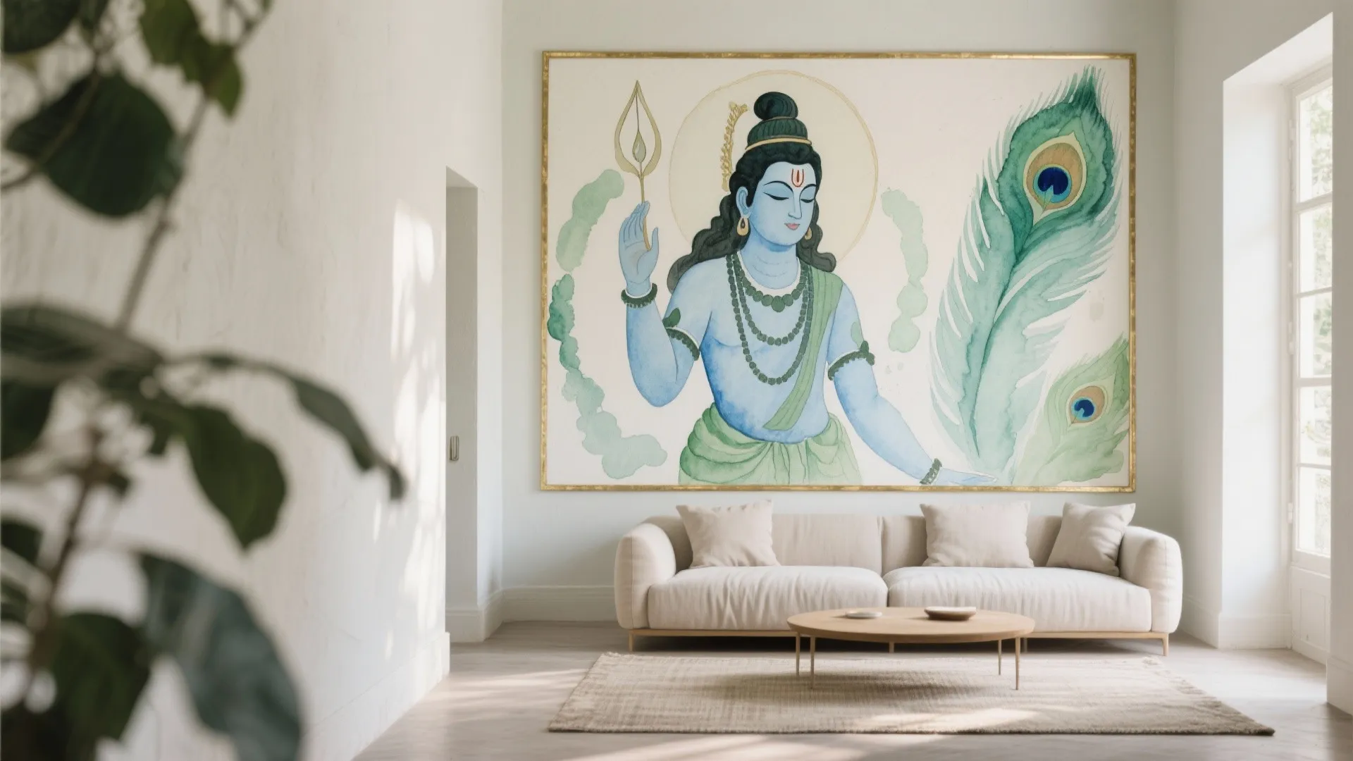 Minimalist living room featuring a large wall painting of a blue figure with peacock feathers