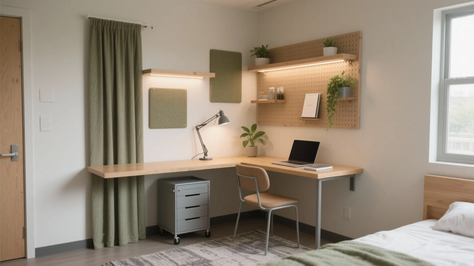 Modern study room with wooden corner desk green curtain grey cabinet and wall storage peg board