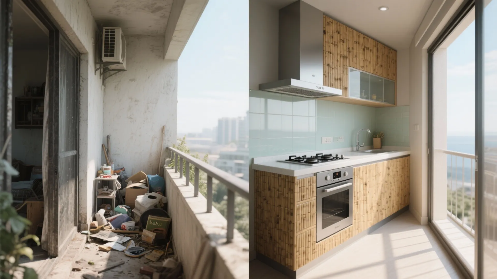 Before-and-after of a kubo balcony corner transformed into a compact L-shaped kitchen.