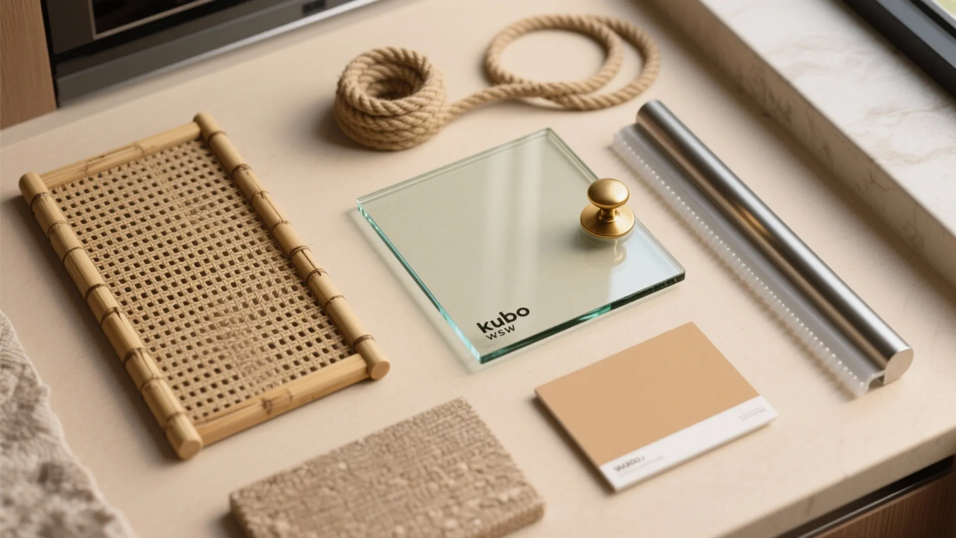 Flat lay of low-iron glass, bamboo, rattan, abaca, and warm metal finishes.