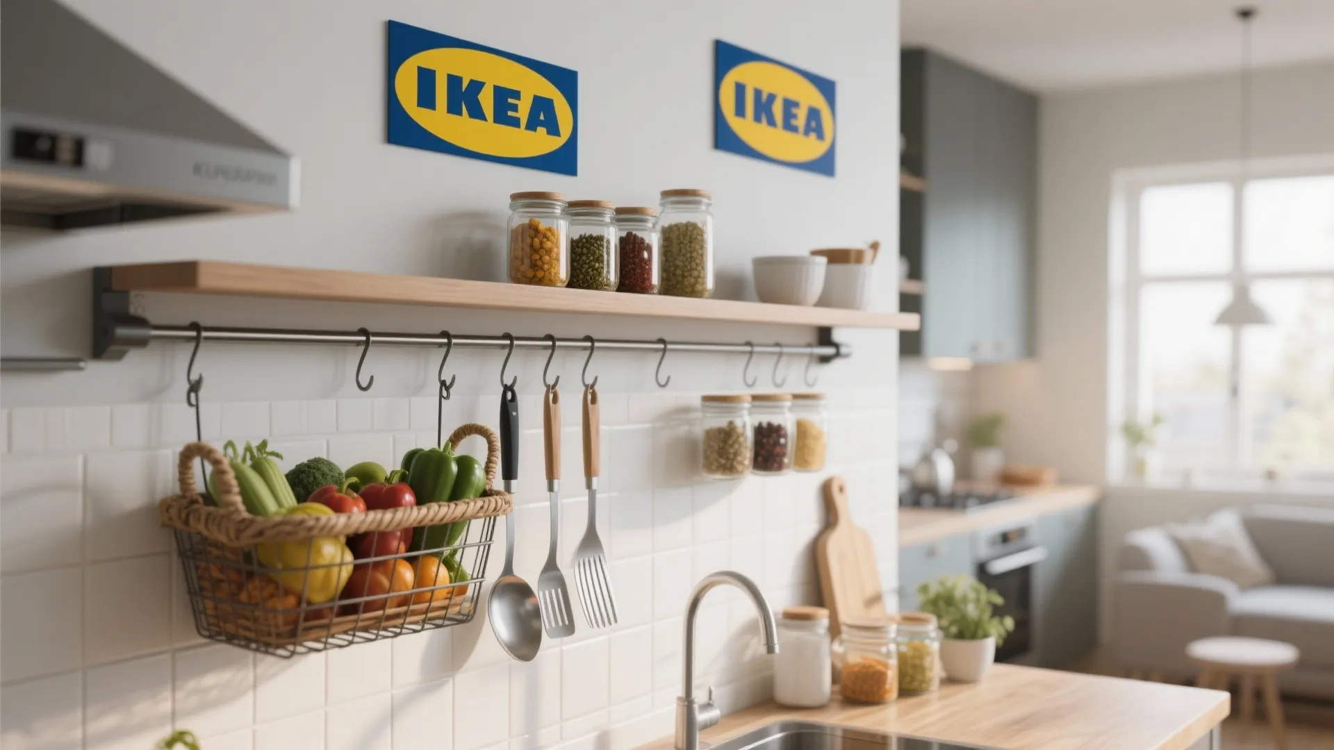 Modern white kitchen wall with wooden shelf, hanging metal rail, vegetable basket, and glass jars