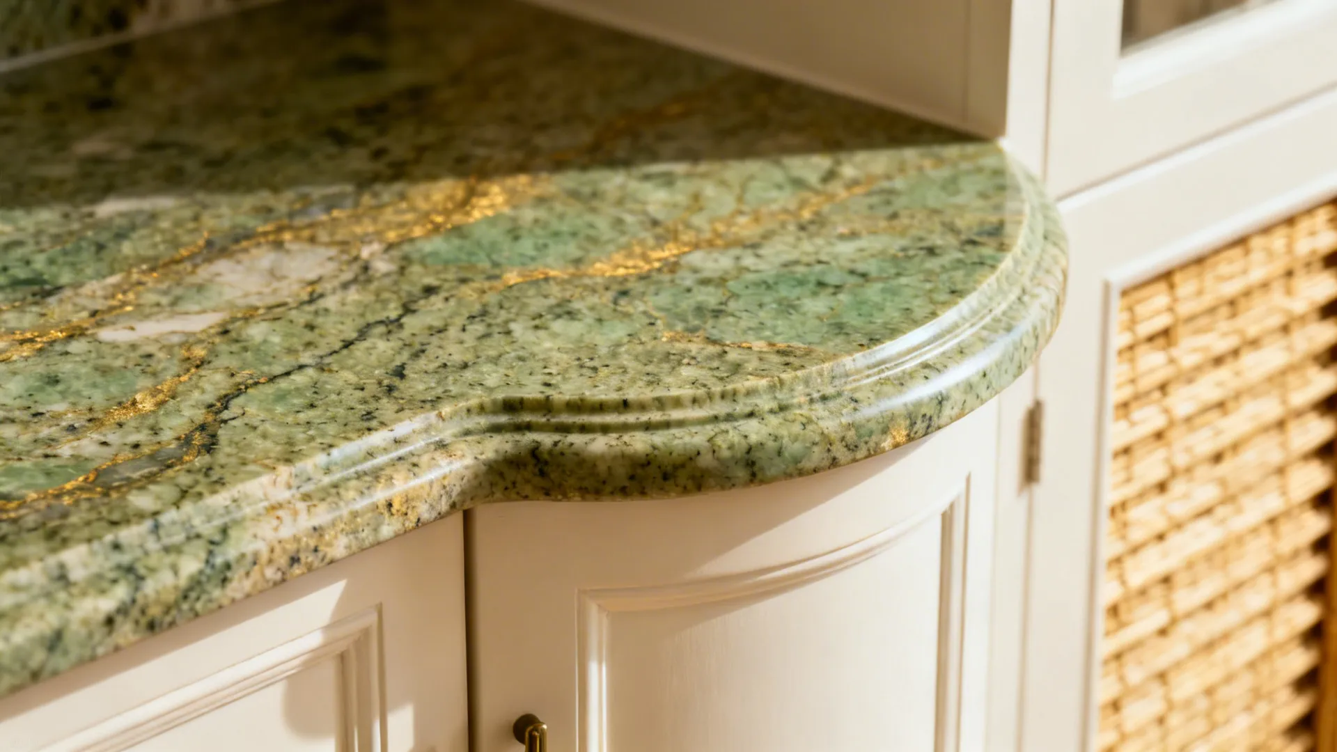 Macro of Kuppam Green granite with a smooth curved front corner and subtle green pattern.