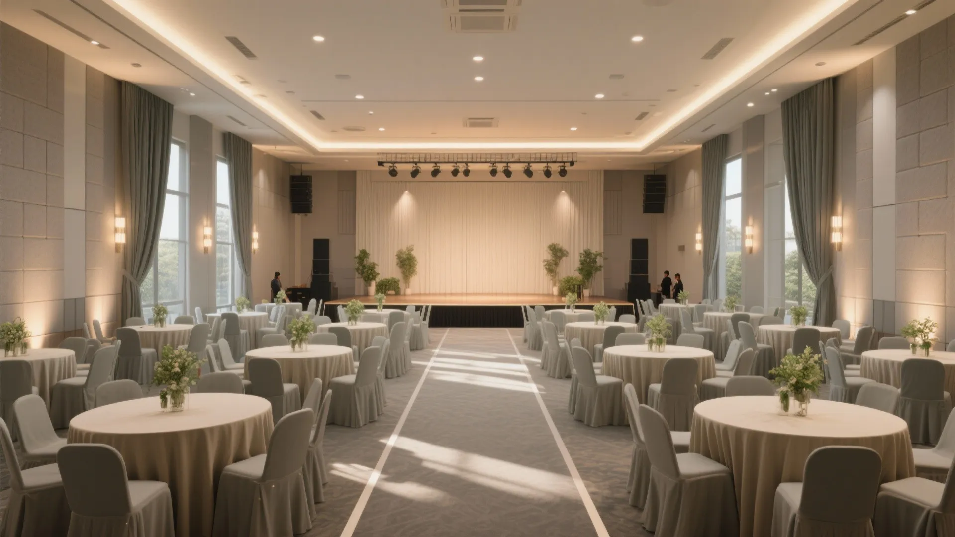 Modern event hall interior with round dining tables grey chairs beige curtains and large stage