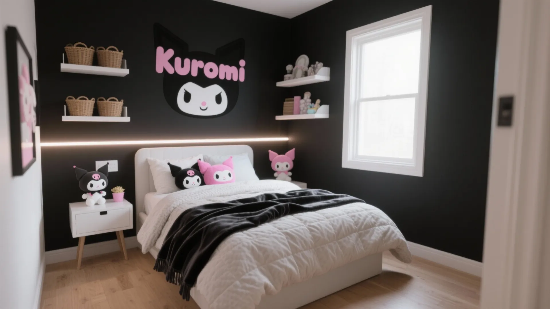 Modern black bedroom featuring character wall art with white bed plus wooden floor and natural light