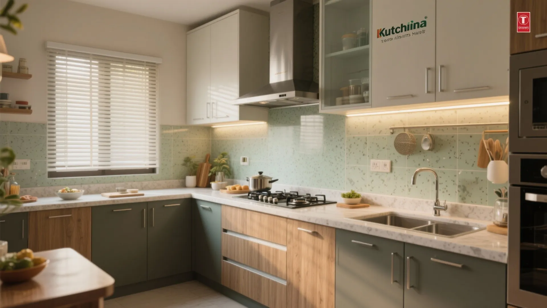 Modern kitchen with green cabinets, wooden drawers, light green tiled backsplash, stove, sink, and window