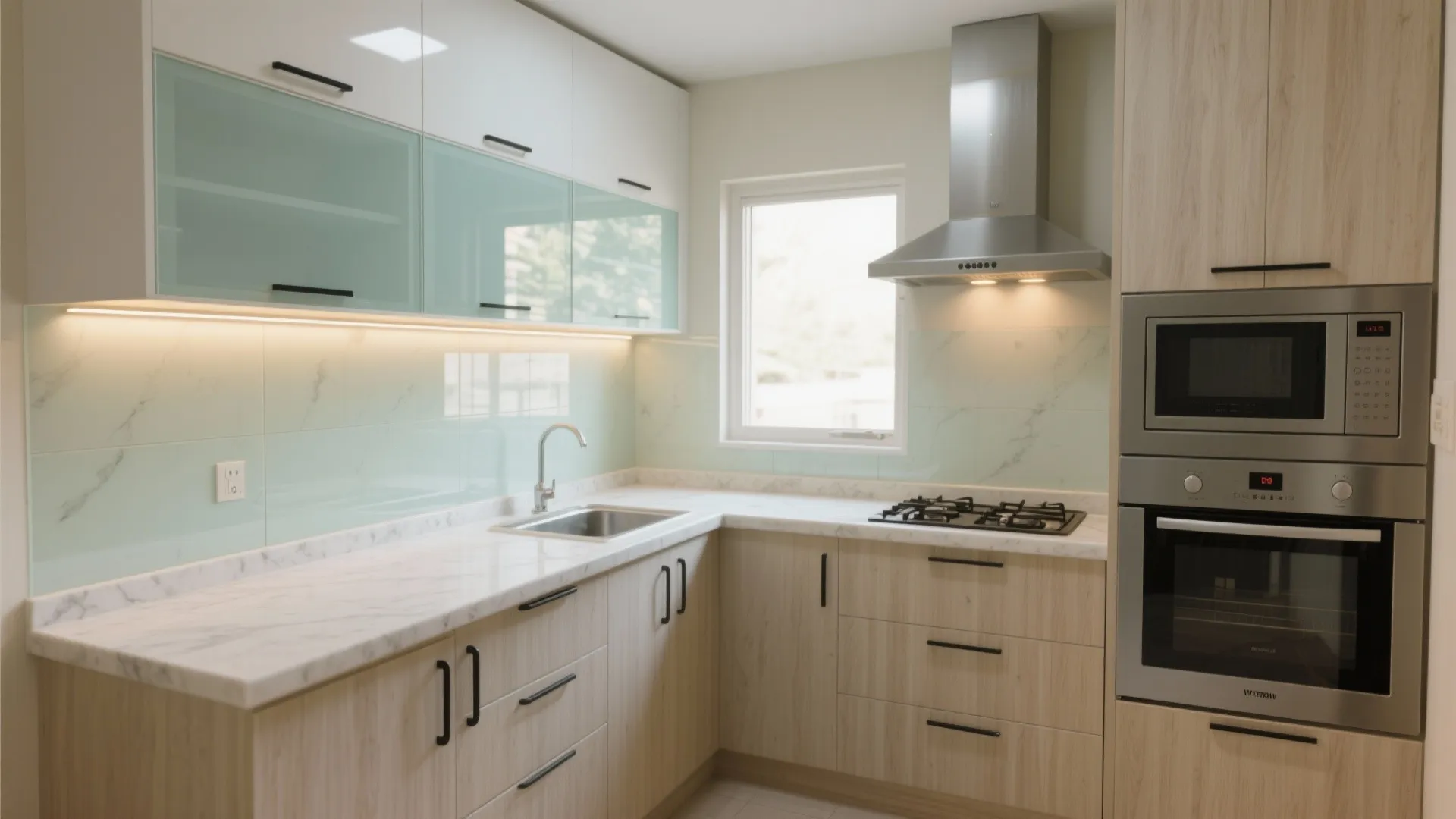 [Section: Inspiration 2] Compact L-shaped kitchen with a reflective, easy-clean backsplash
