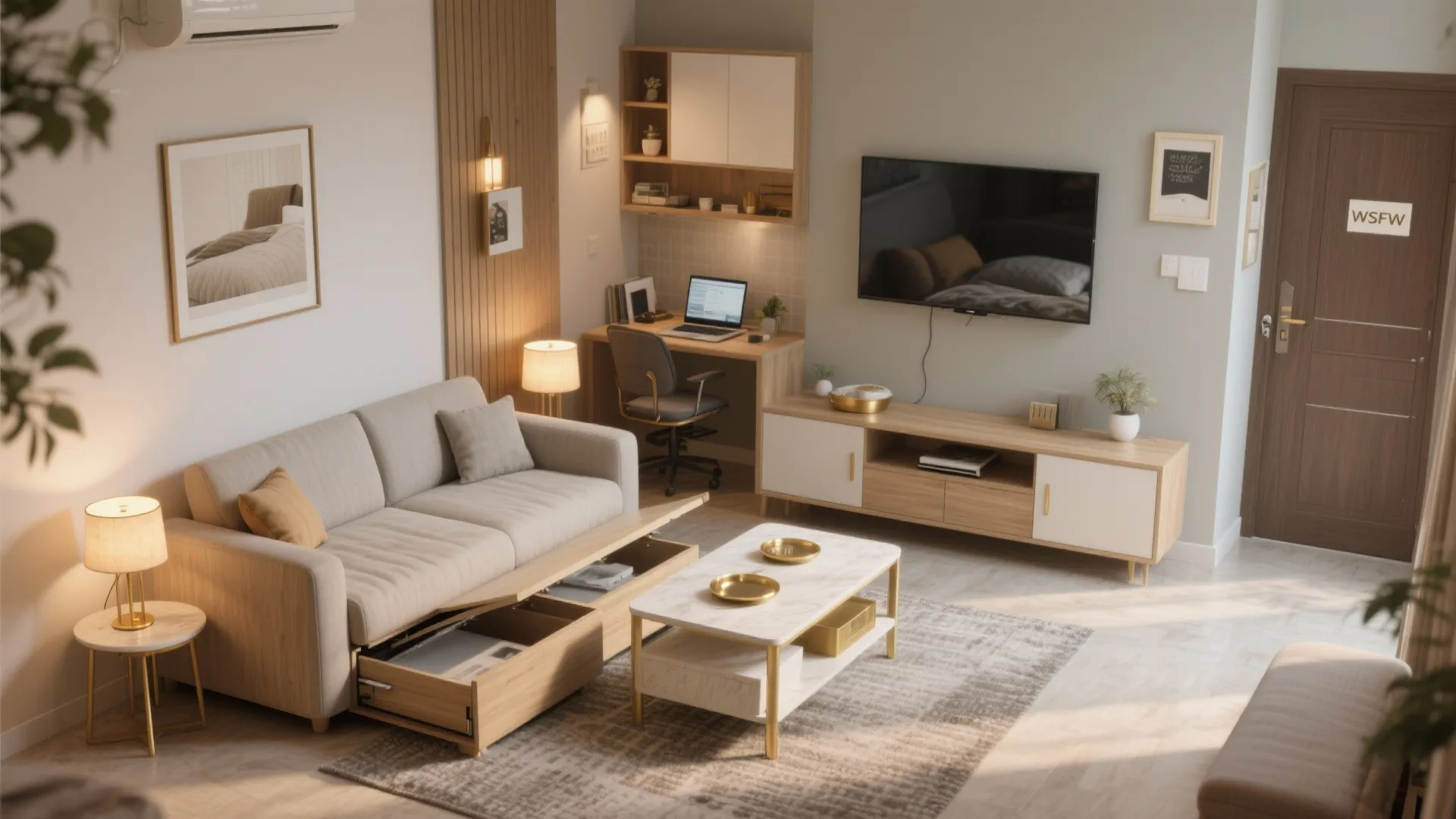 Convertible furniture and hidden storage in the living room