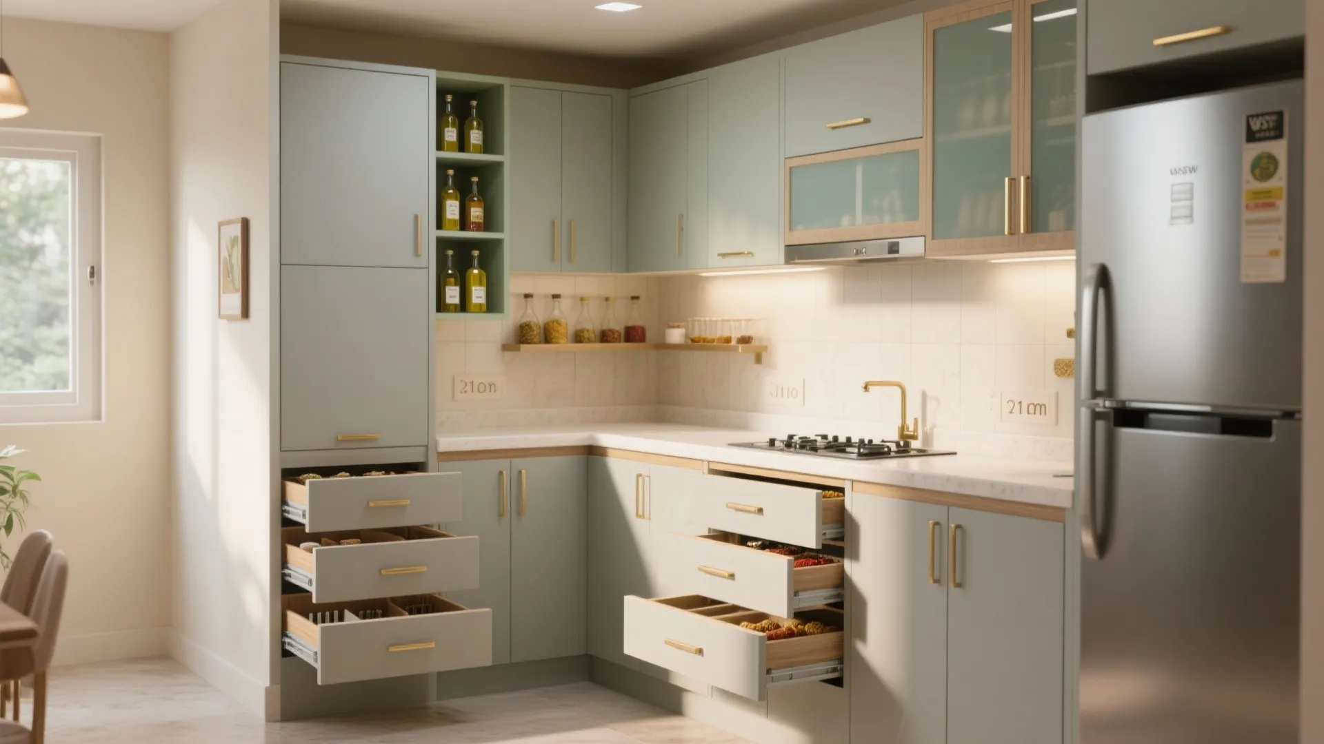 Minimalist kitchen storage that maximizes a 1 BHK