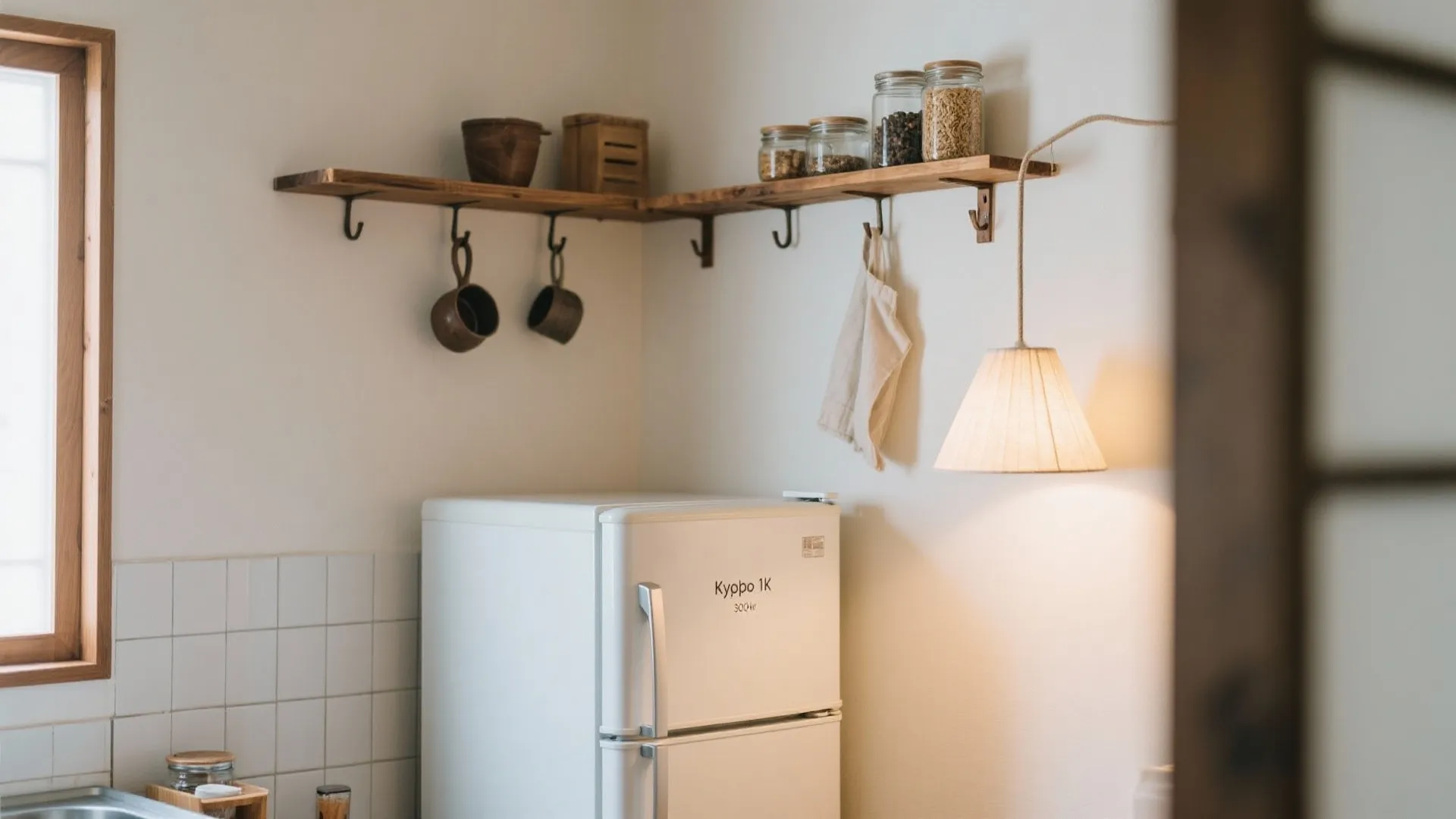 Tips 3: 上下で“冷蔵庫＋吊り収納”を組む（京都の町家風に溶け込む日式風格）