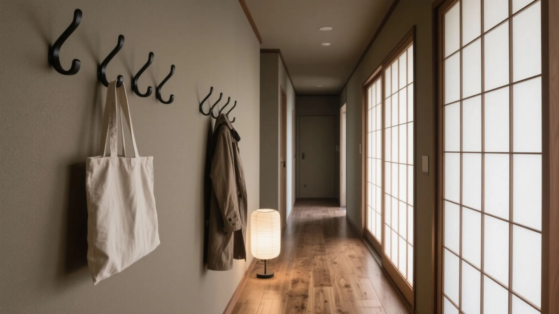 Tips 2: 京都の長い廊下は縦を使う—フック＋通過高さのレイヤー（京都／収納の工夫／和のテイスト）