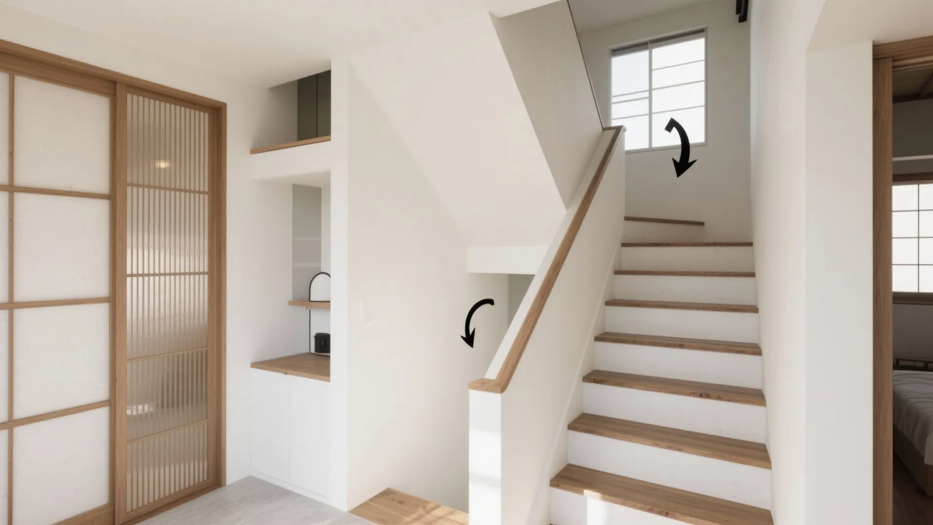 階段踊り場＝“気流ハブ”に置いて動線計画と動線規模を整える