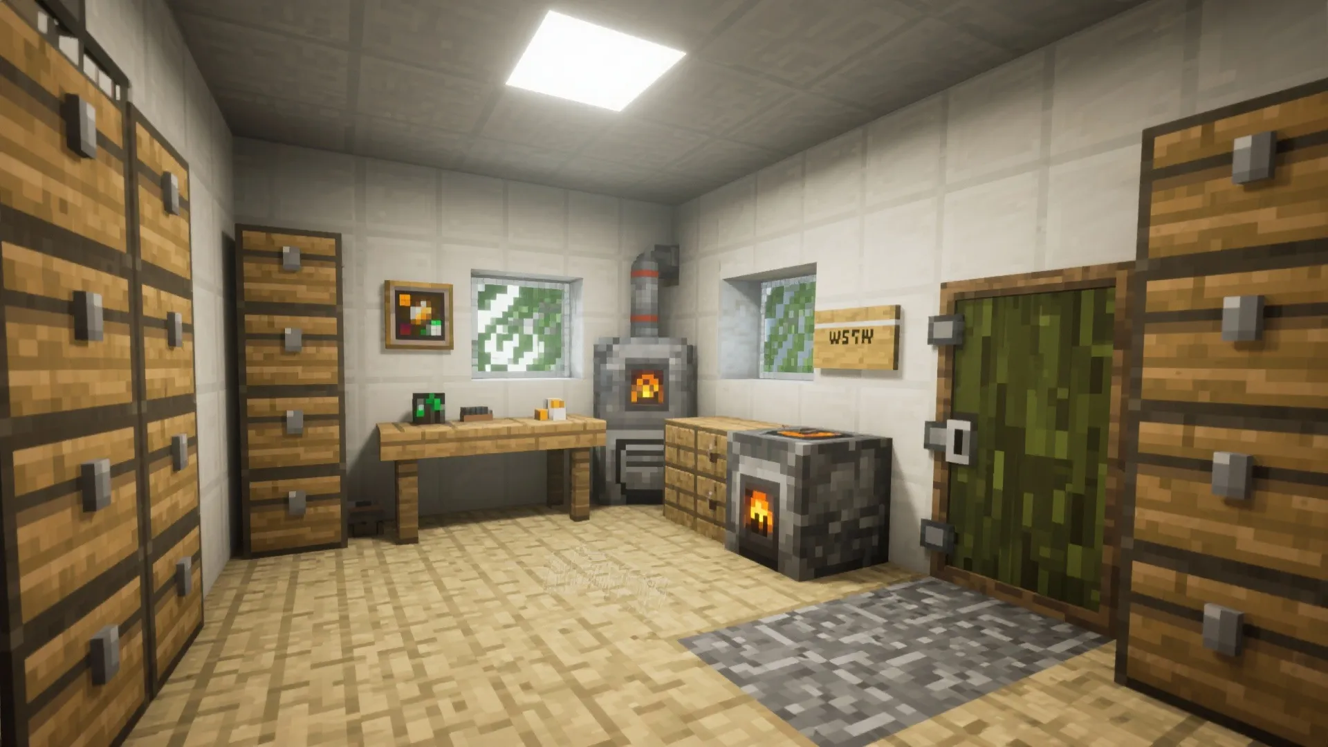 Minecraft room with wooden chests on walls stone oven with fire and long wooden table