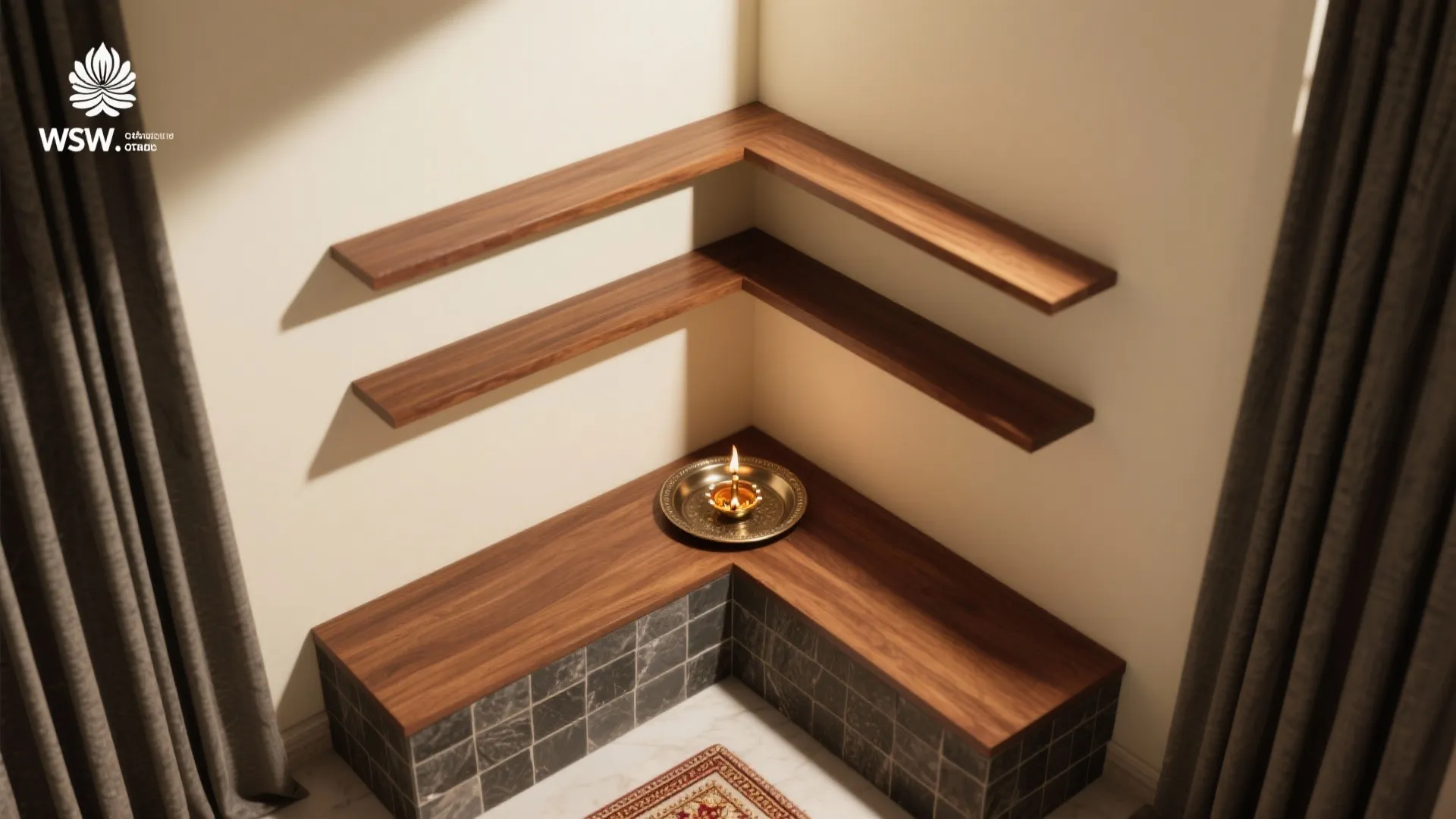 Corner room layout with wood floating shelves and metal oil lamp on a dark tiled base