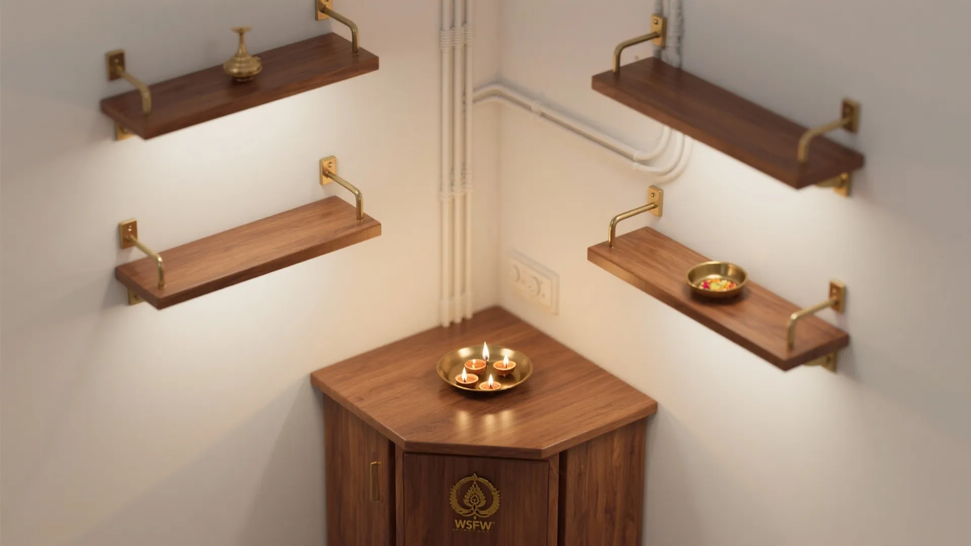Corner wood cabinet and wall shelves displaying small lit oil lamps and brass decorative items
