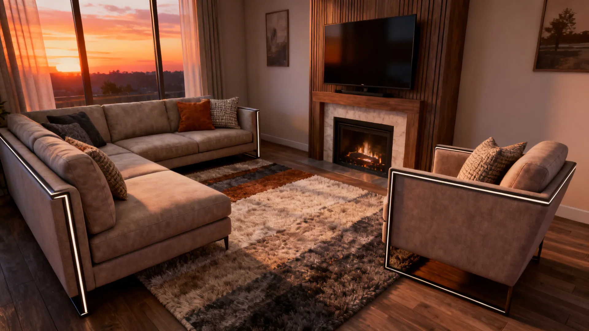 Corner living space with an L-shaped sofa and accent chair forming a casual family seating area.