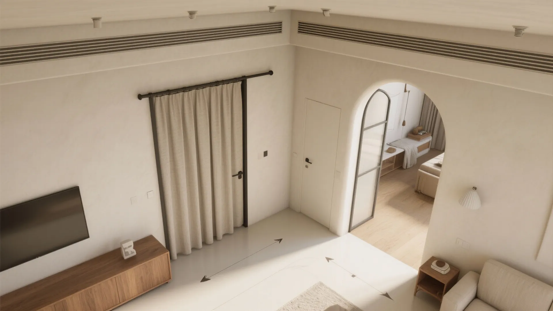 High angle interior design drawing showing living room layout with curtain door arch and wooden cabinet