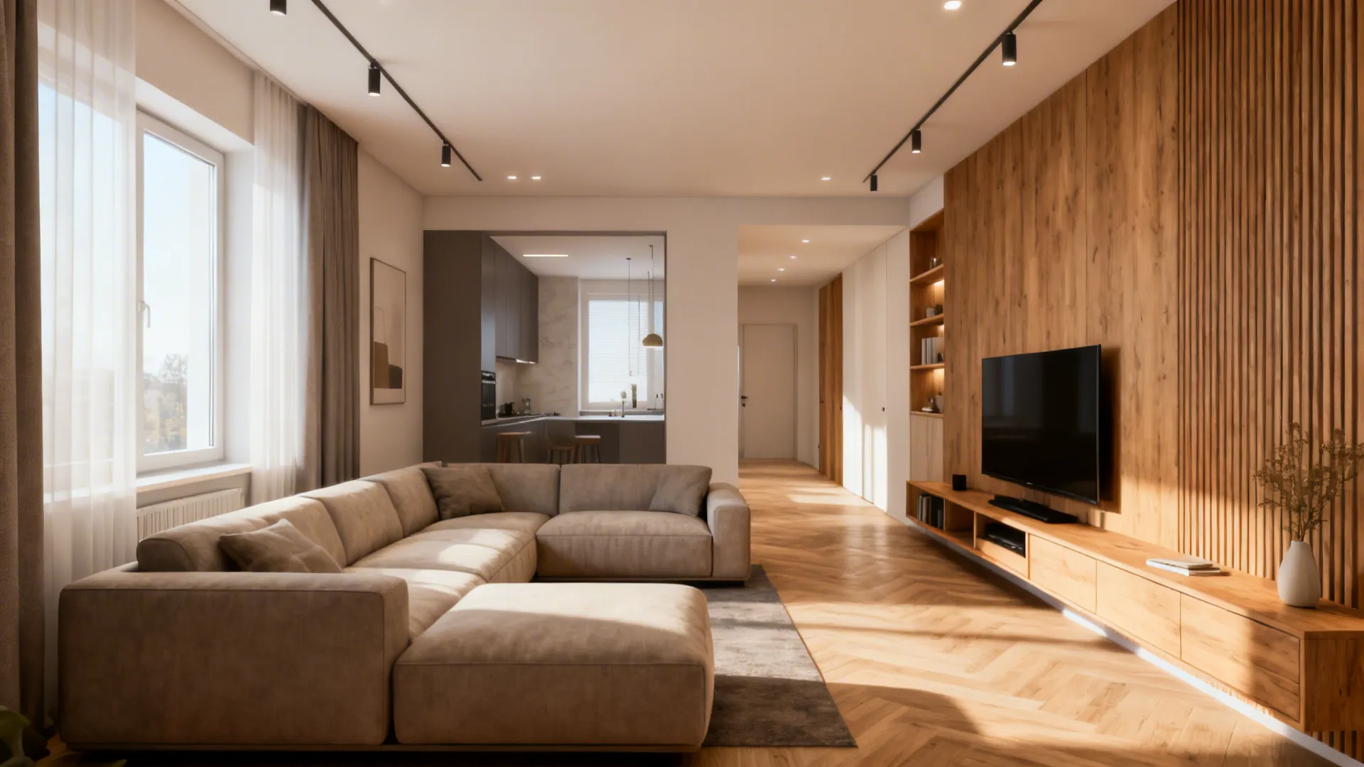 L-shaped couch and loveseat arrangement opening circulation with media built-ins on a long wall