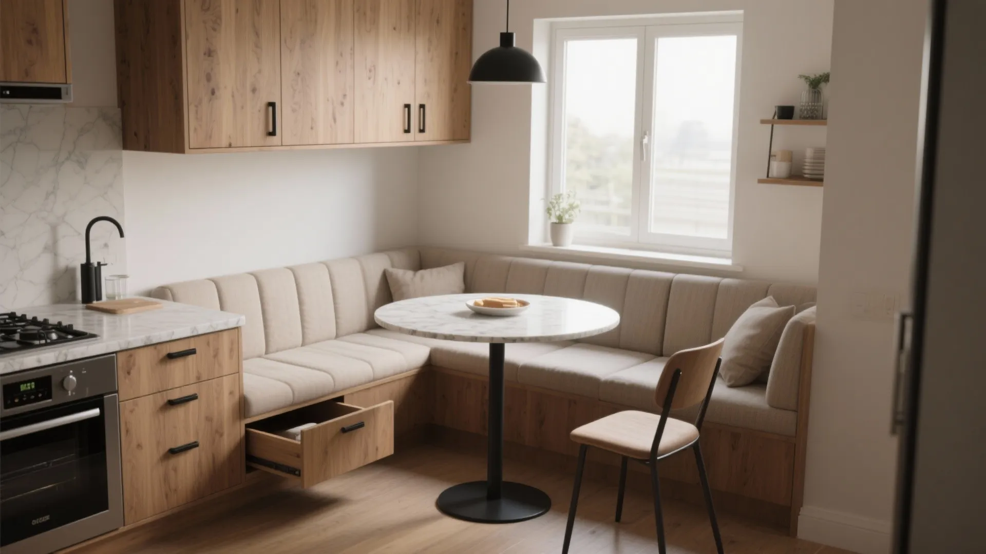L-Shaped Kitchen with Banquette Dining