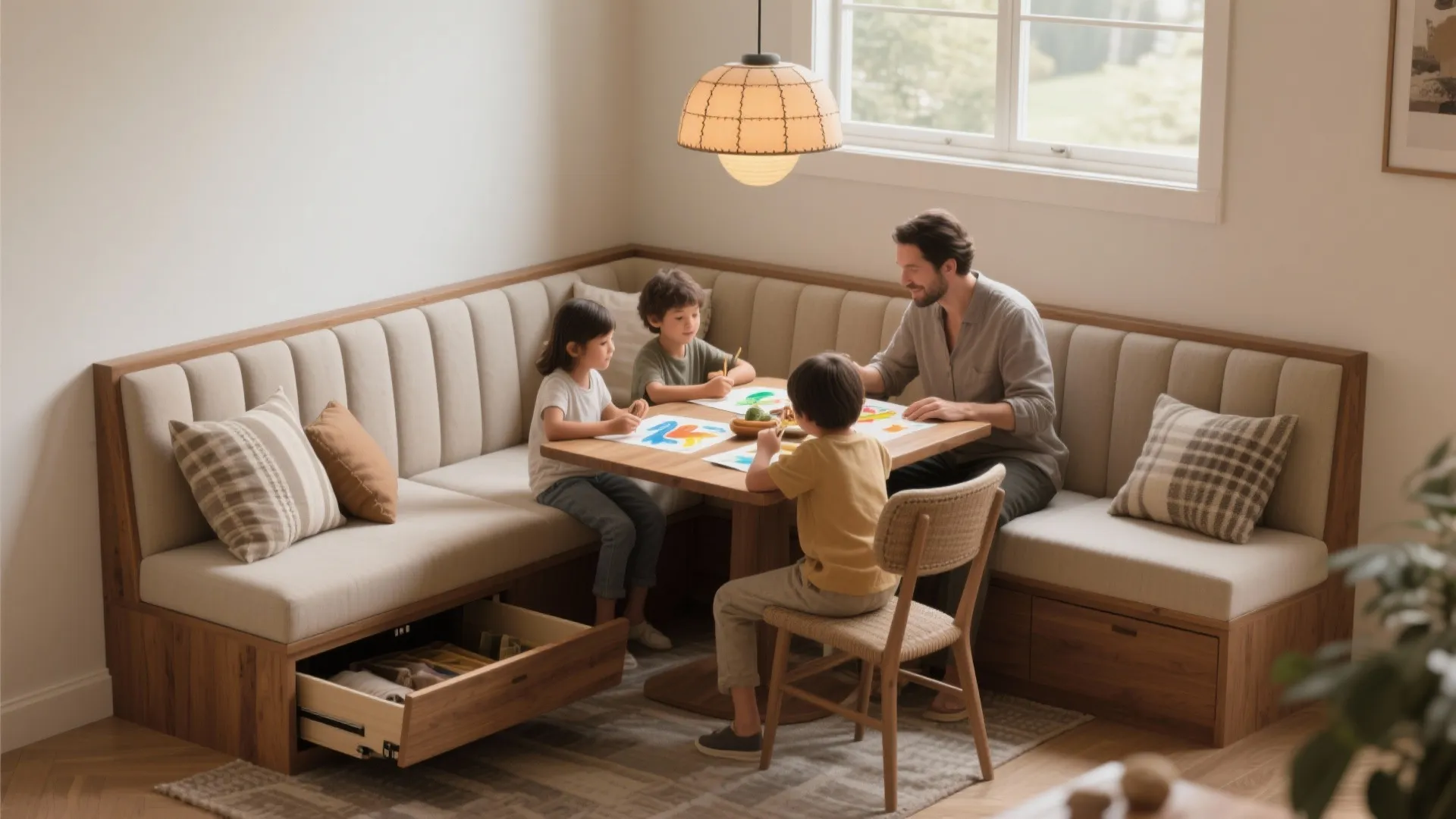 L-shaped banquette and multifunctional seating