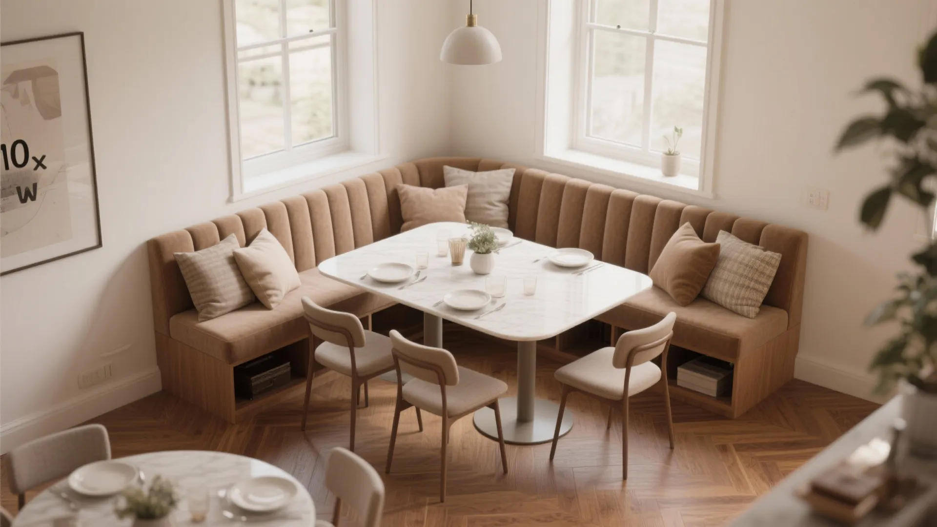 L-shaped banquette with storage and a slim pedestal table maximizing seating in a 10 x 10 dining room.
