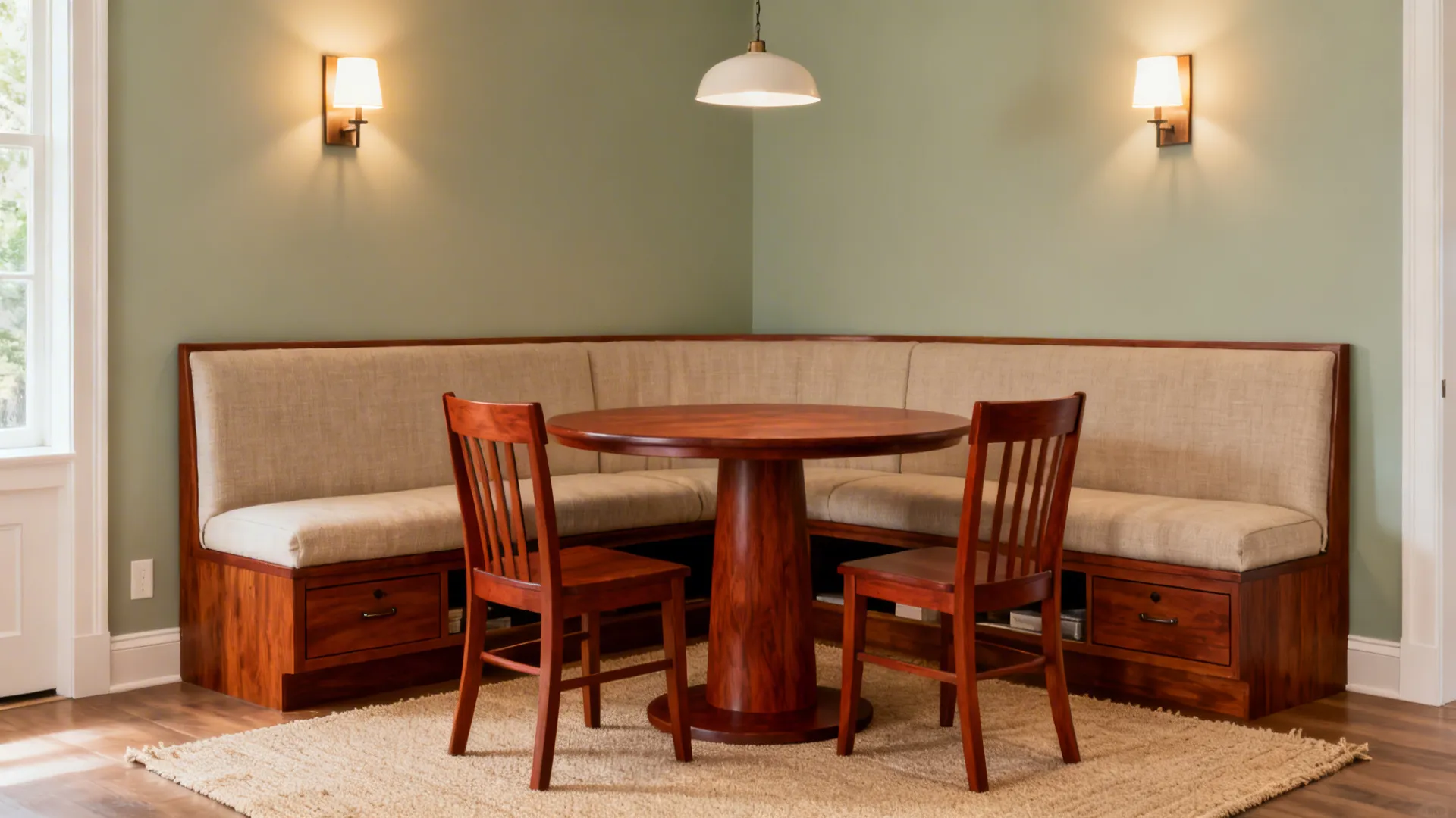 L-shaped banquette with a round cherry pedestal table creates more clearance.
