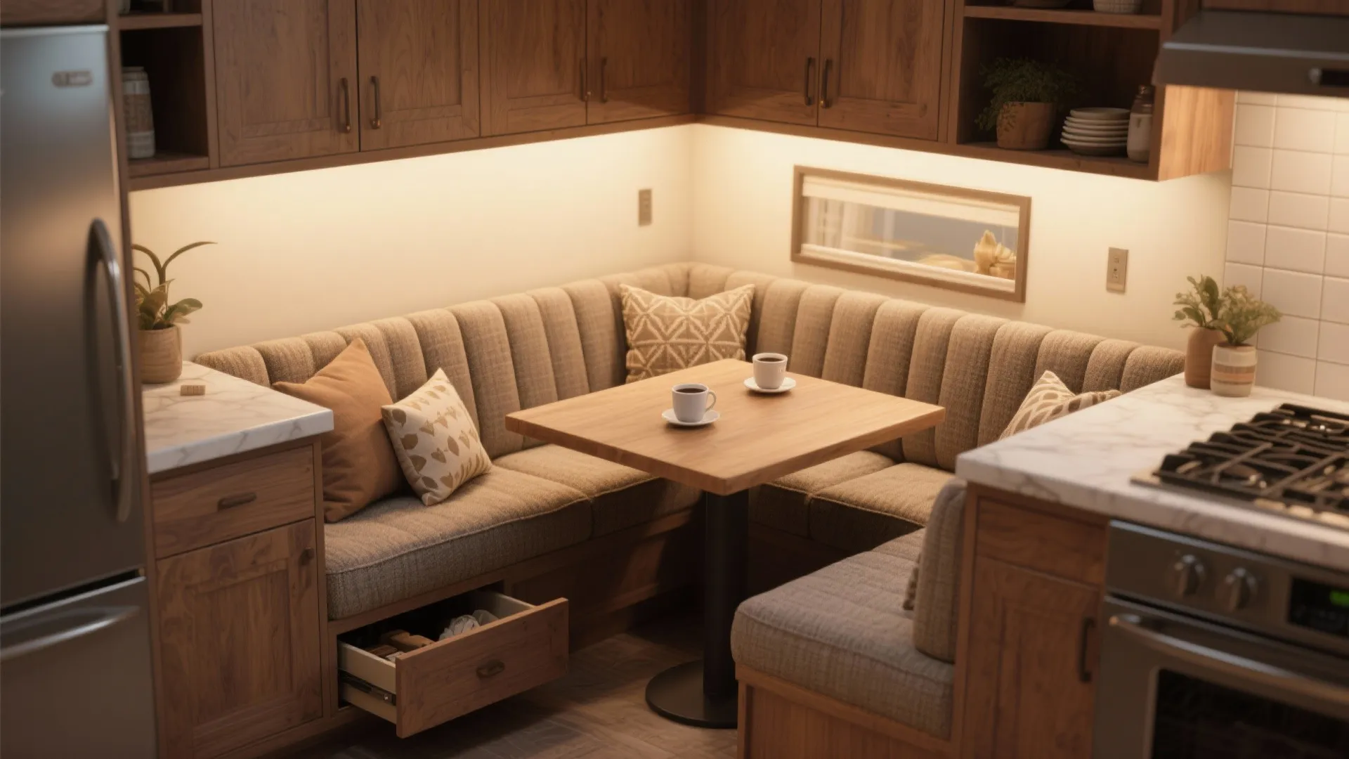 L-shaped banquette with integrated table — a space-saving nook