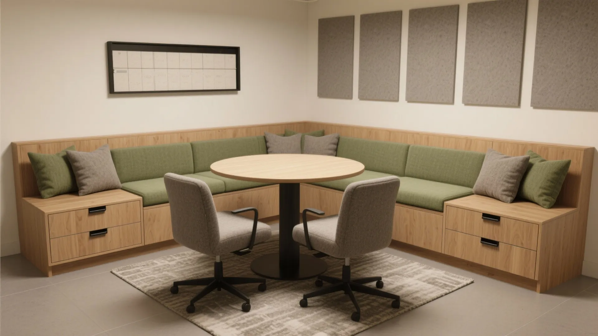 Small 7x9 ft room with L-shaped banquette and a 40-inch round table, wide-angle view