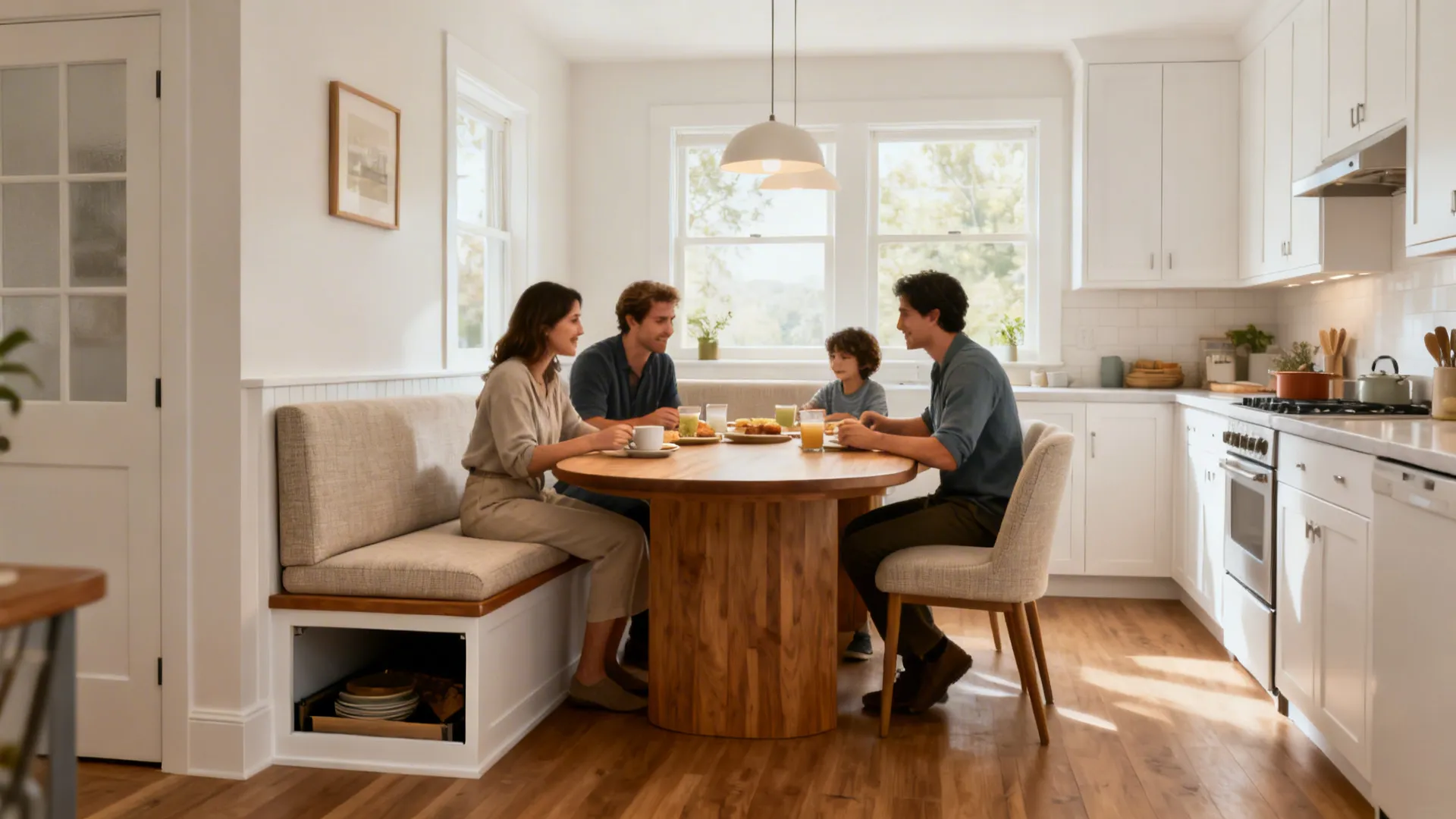 Small L-shaped kitchen with slim banquette storage and a rounded-edge oak dining table.