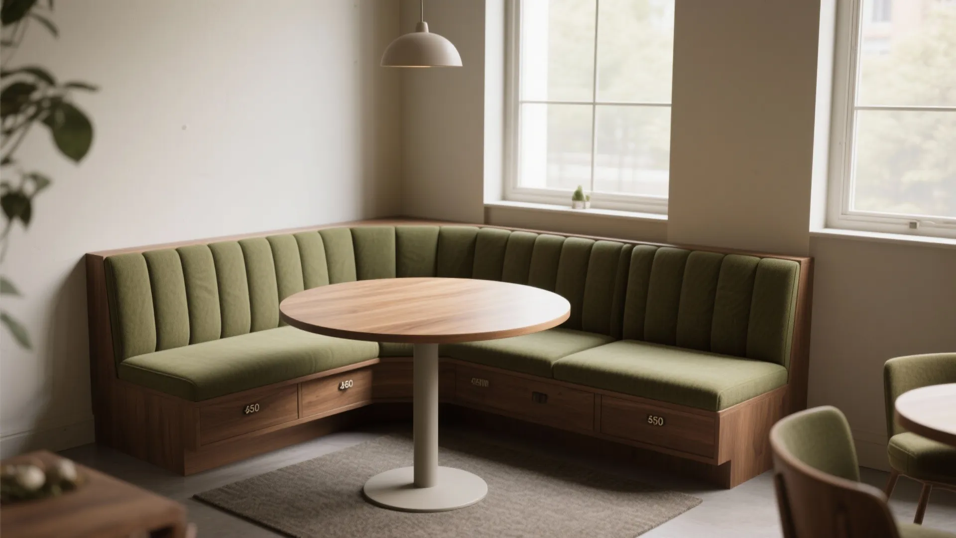L-shaped banquette with a slim table