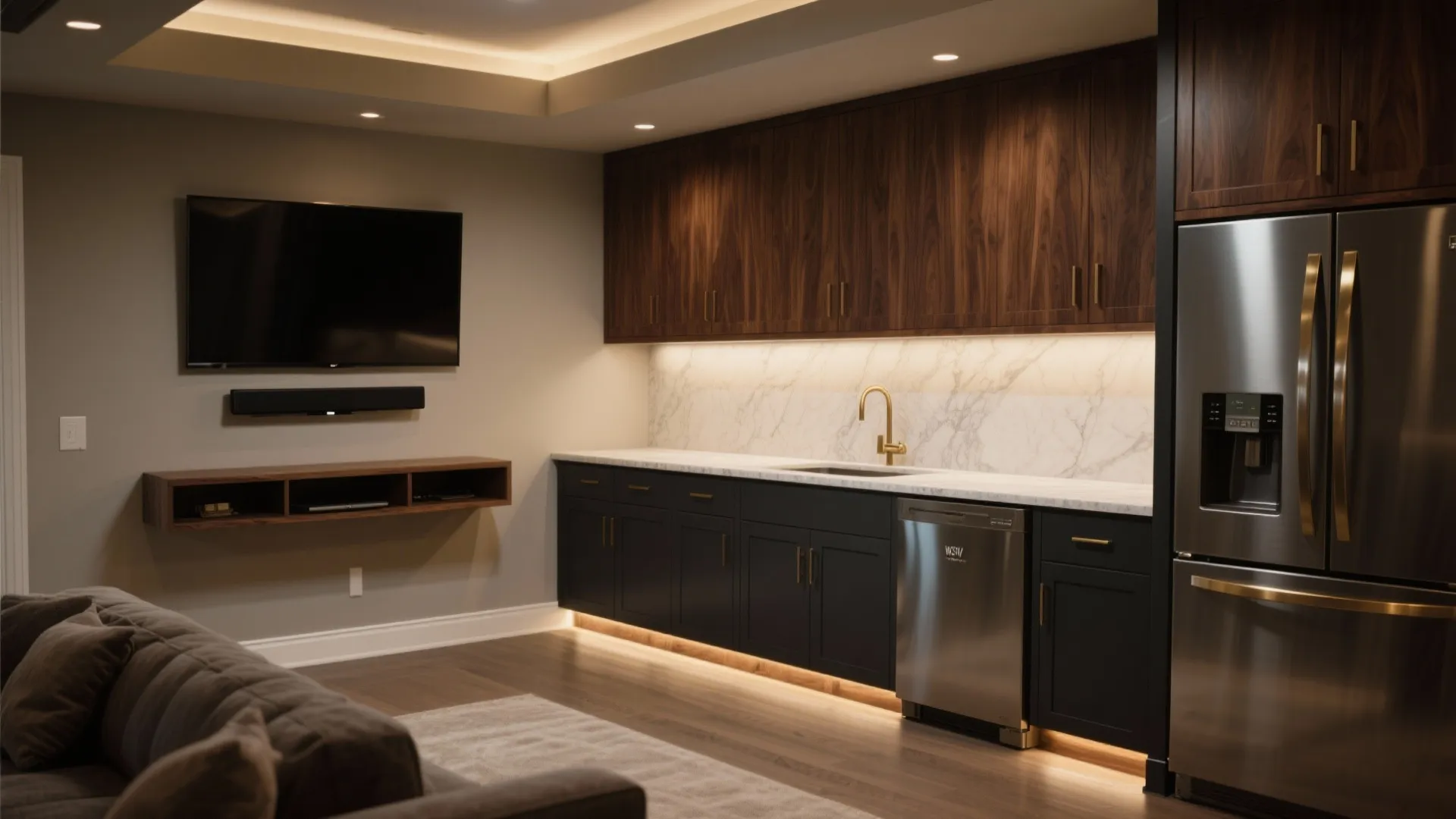 3) Hybrid Bar + Media Nook (The L-Shaped Trick)