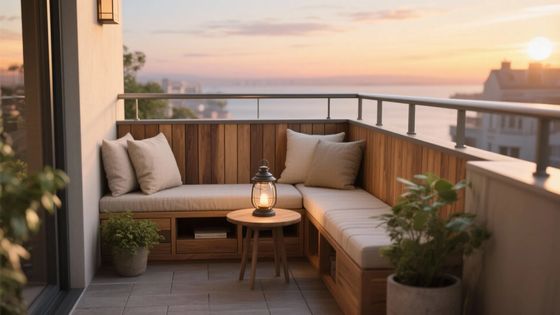 Cozy balcony at sunset with wooden bench seating white pillows small round table and lantern