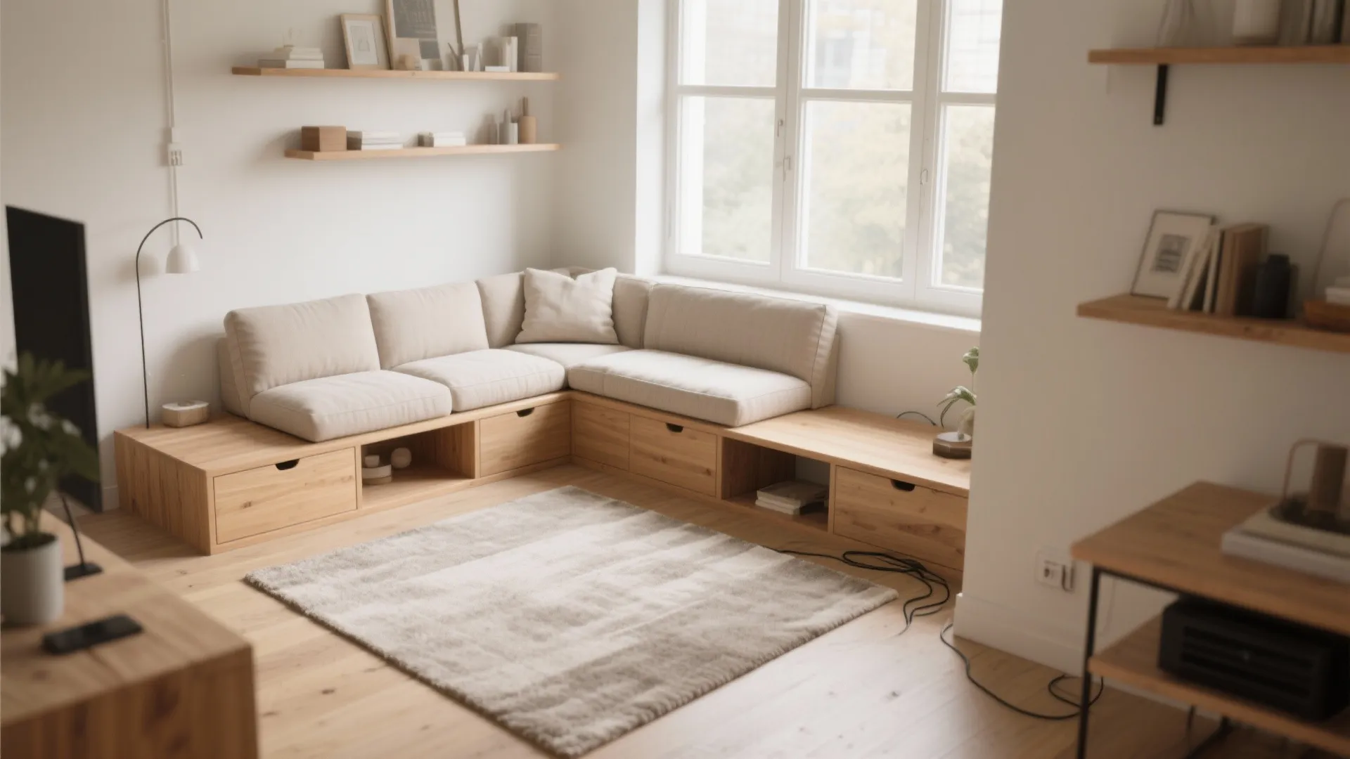 L-Shaped Seating With a Built-In Oak Bench