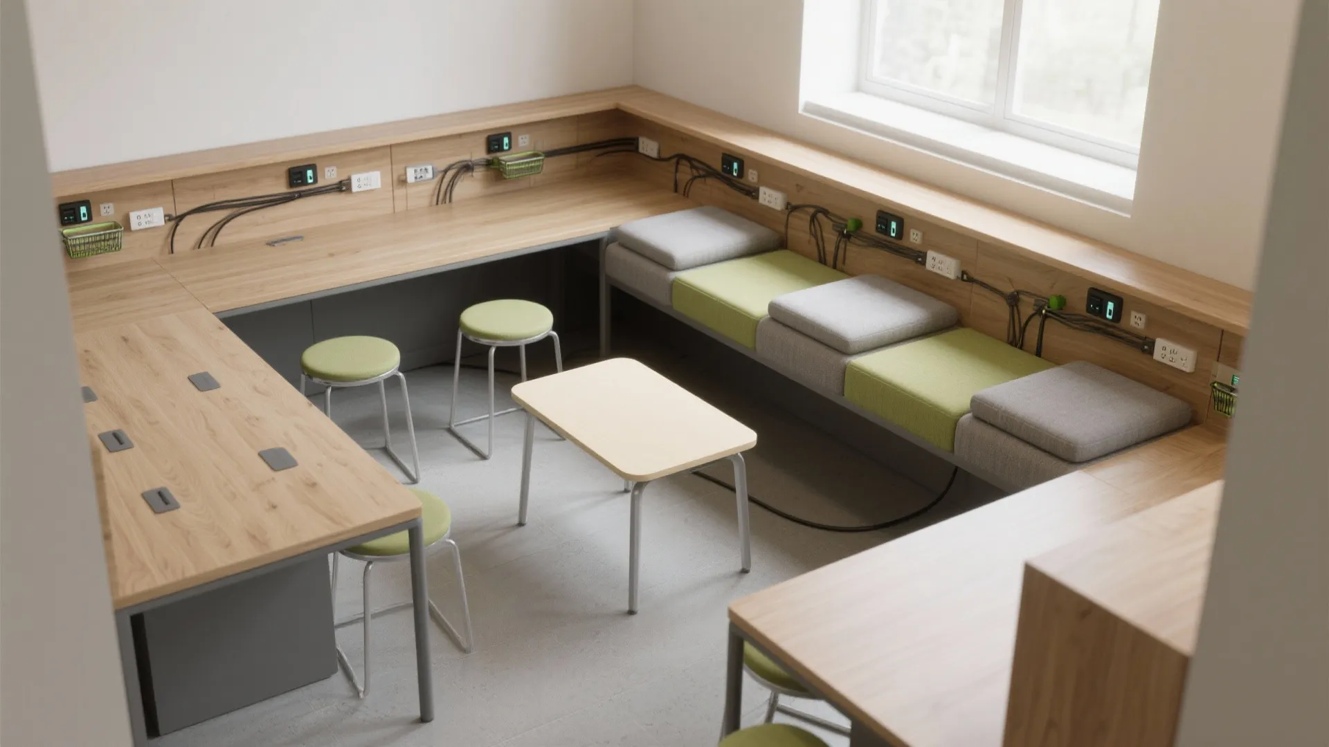 Modern lounge area featuring wooden corner bench with green cushions small table and grey round stools