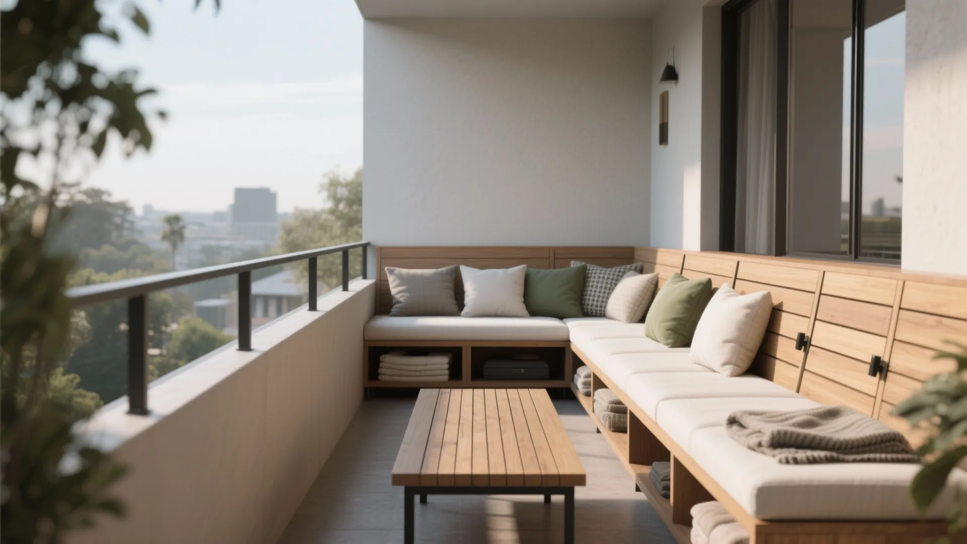 L-shaped bench with storage and smart zoning