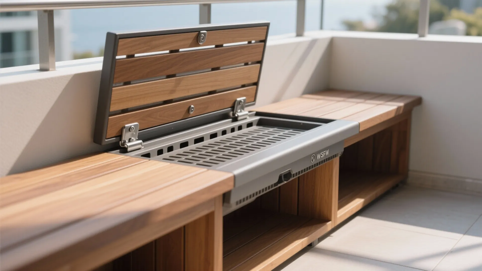 Wooden outdoor bench on balcony with open lid showing a built in metal barbecue grill